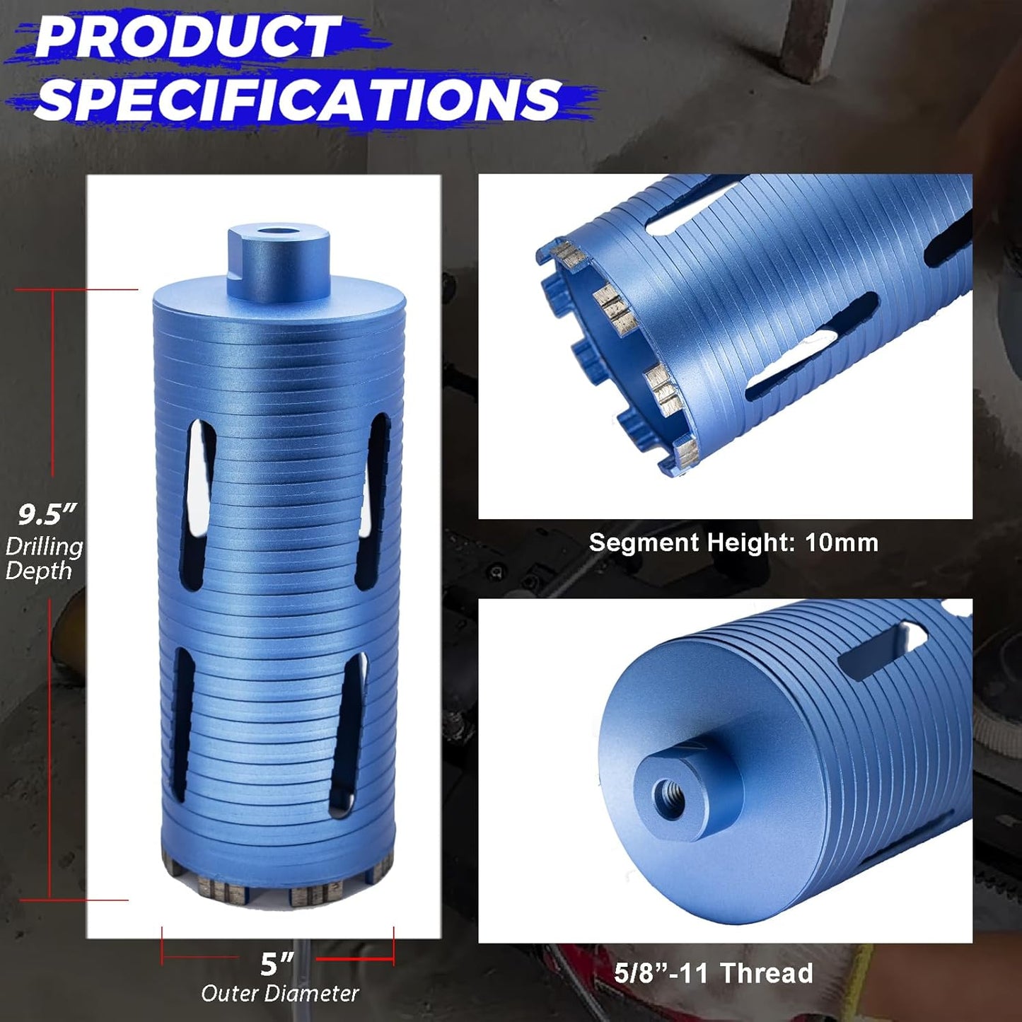 5" Dry Core Drill Bit with 3 Adapters: SDS Plus, SDS Max, 1/2" Hex - 9.5" Drilling Depth Diamond Concrete Core Bits for Brick, Block, Stucco, Masonry