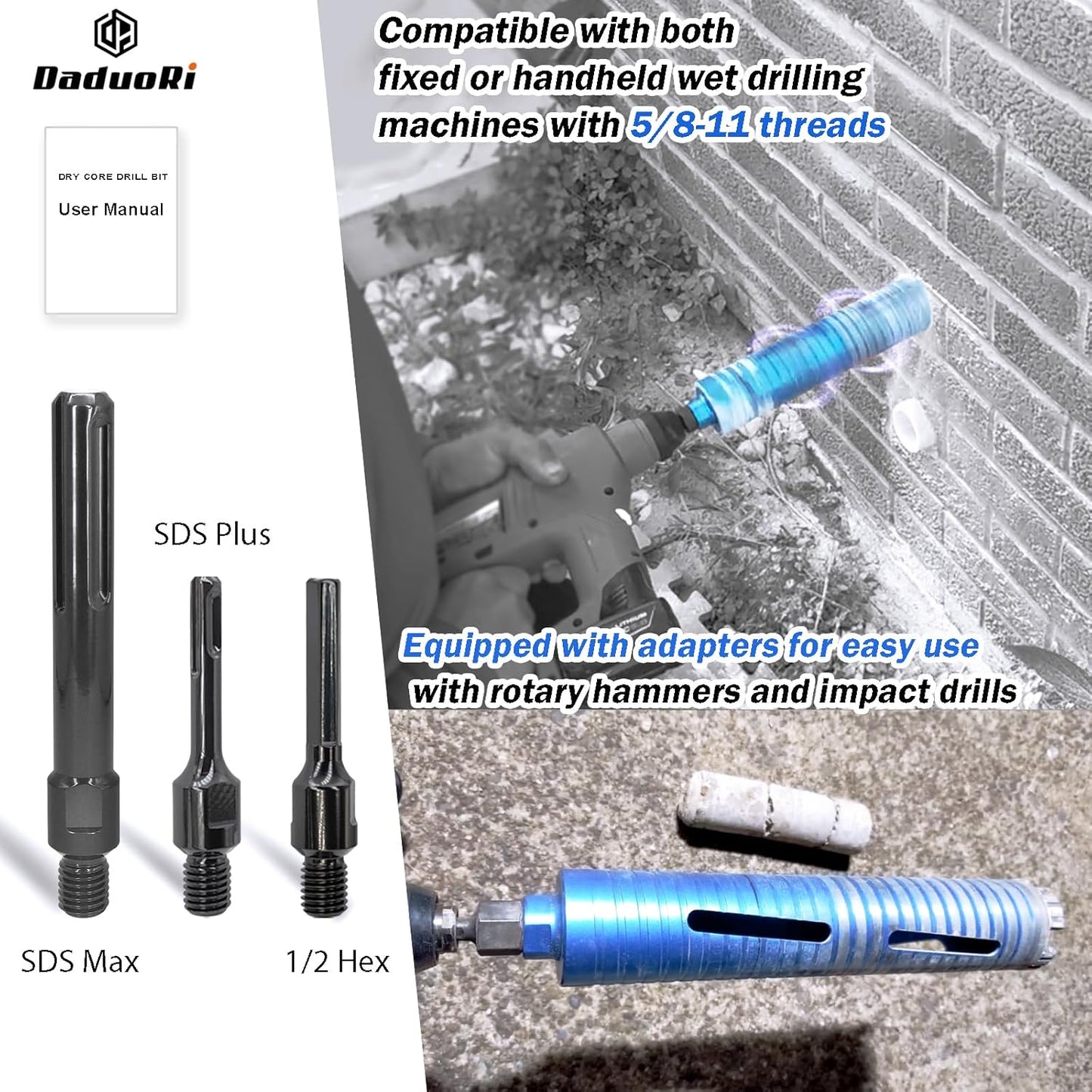 5" Dry Core Drill Bit with 3 Adapters: SDS Plus, SDS Max, 1/2" Hex - 9.5" Drilling Depth Diamond Concrete Core Bits for Brick, Block, Stucco, Masonry