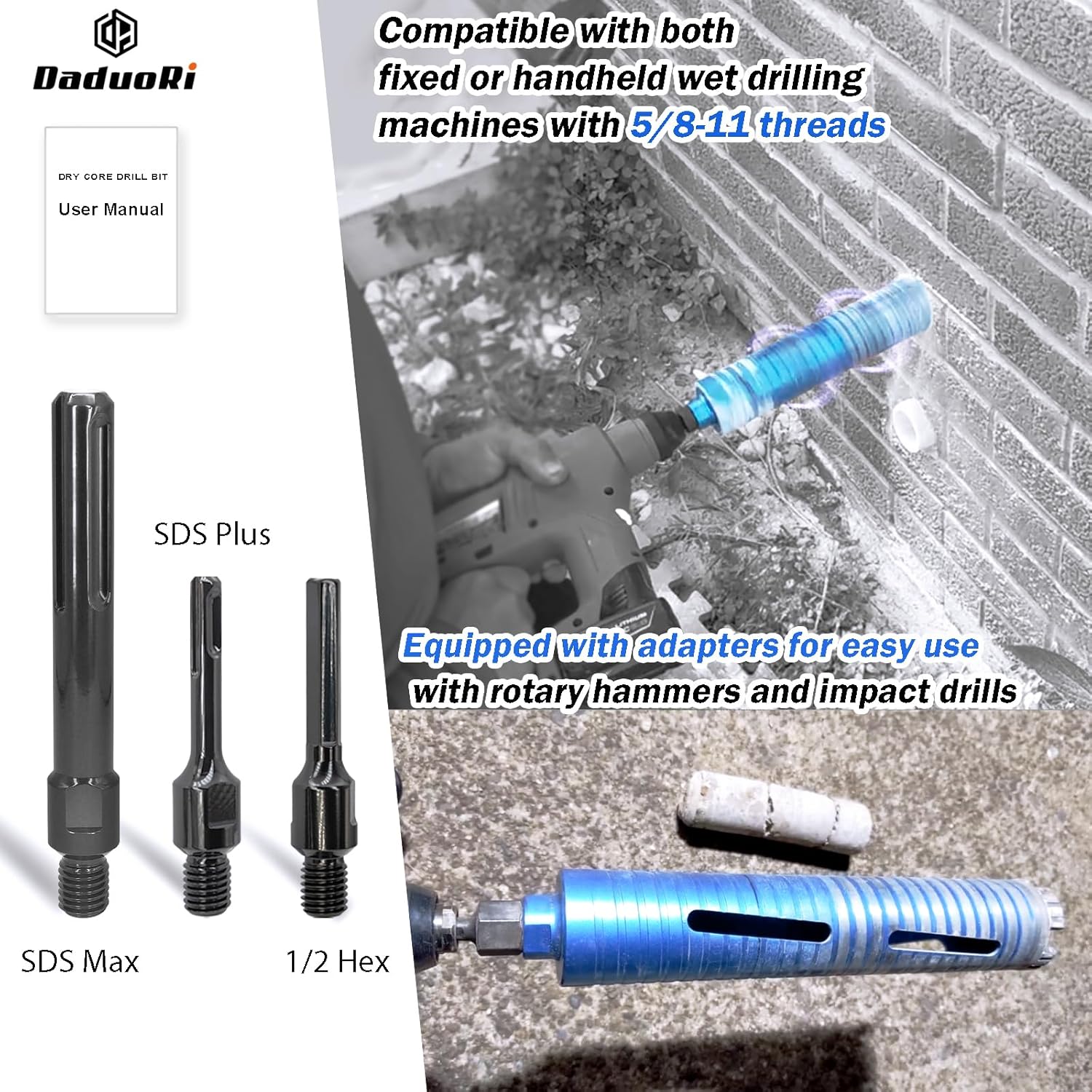 5" Dry Core Drill Bit with 3 Adapters: SDS Plus, SDS Max, 1/2" Hex - 9.5" Drilling Depth Diamond Concrete Core Bits for Brick, Block, Stucco, Masonry