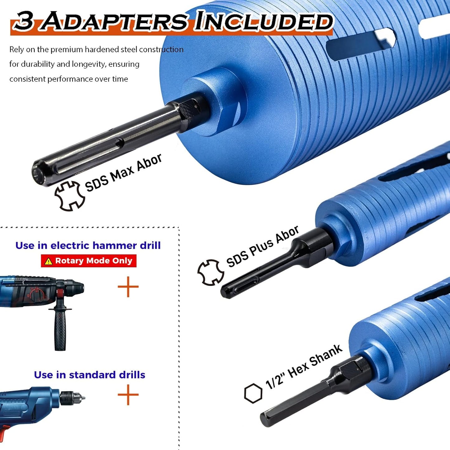 5" Dry Core Drill Bit with 3 Adapters: SDS Plus, SDS Max, 1/2" Hex - 9.5" Drilling Depth Diamond Concrete Core Bits for Brick, Block, Stucco, Masonry