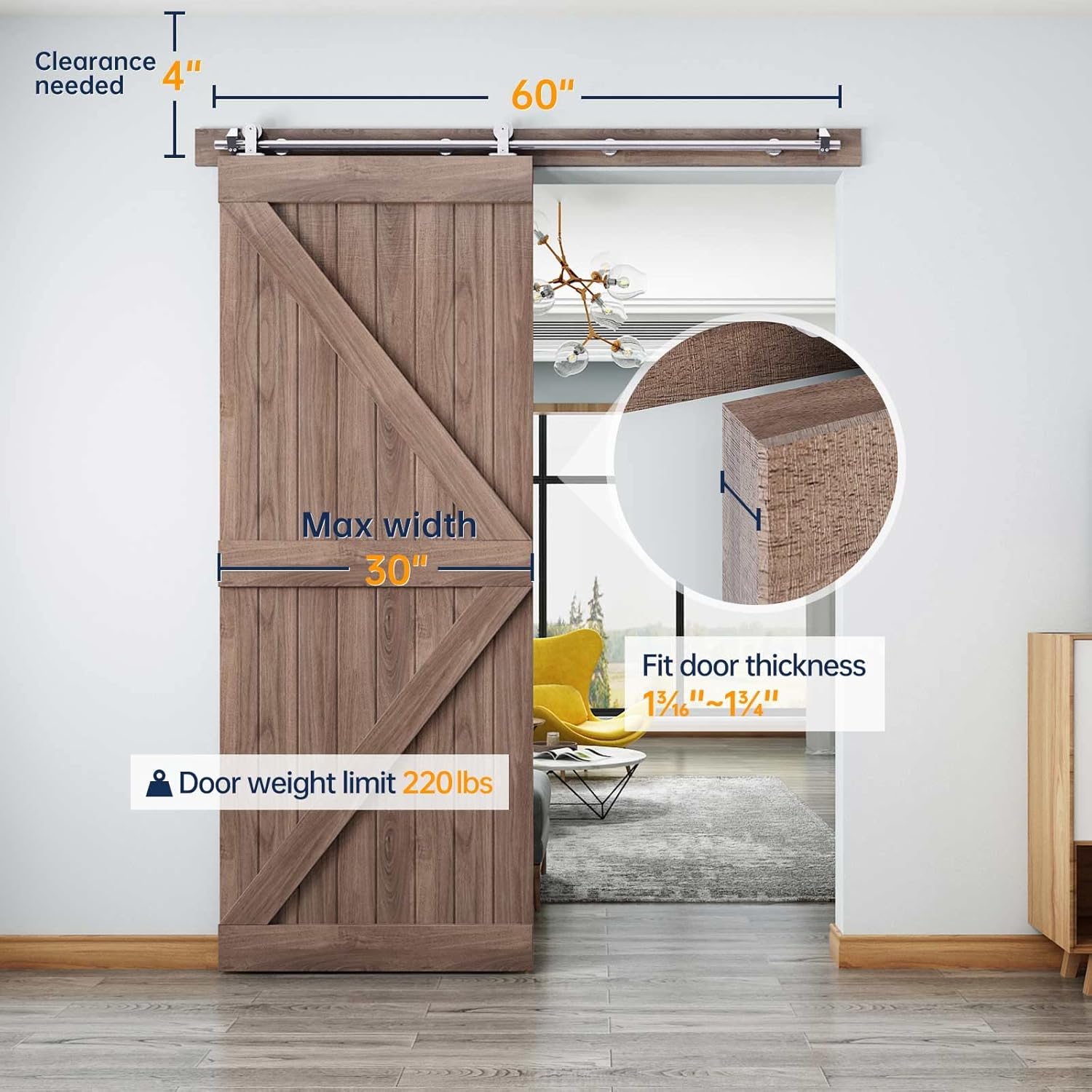 5 FT Top Mount Stainless Steel Sliding Barn Door Hardware Kit - Modern, Heavy Duty, Anti-Rust, Smooth & Quiet Slide - Easy Install - For 26"~30" Wide Single Door - WildKart
