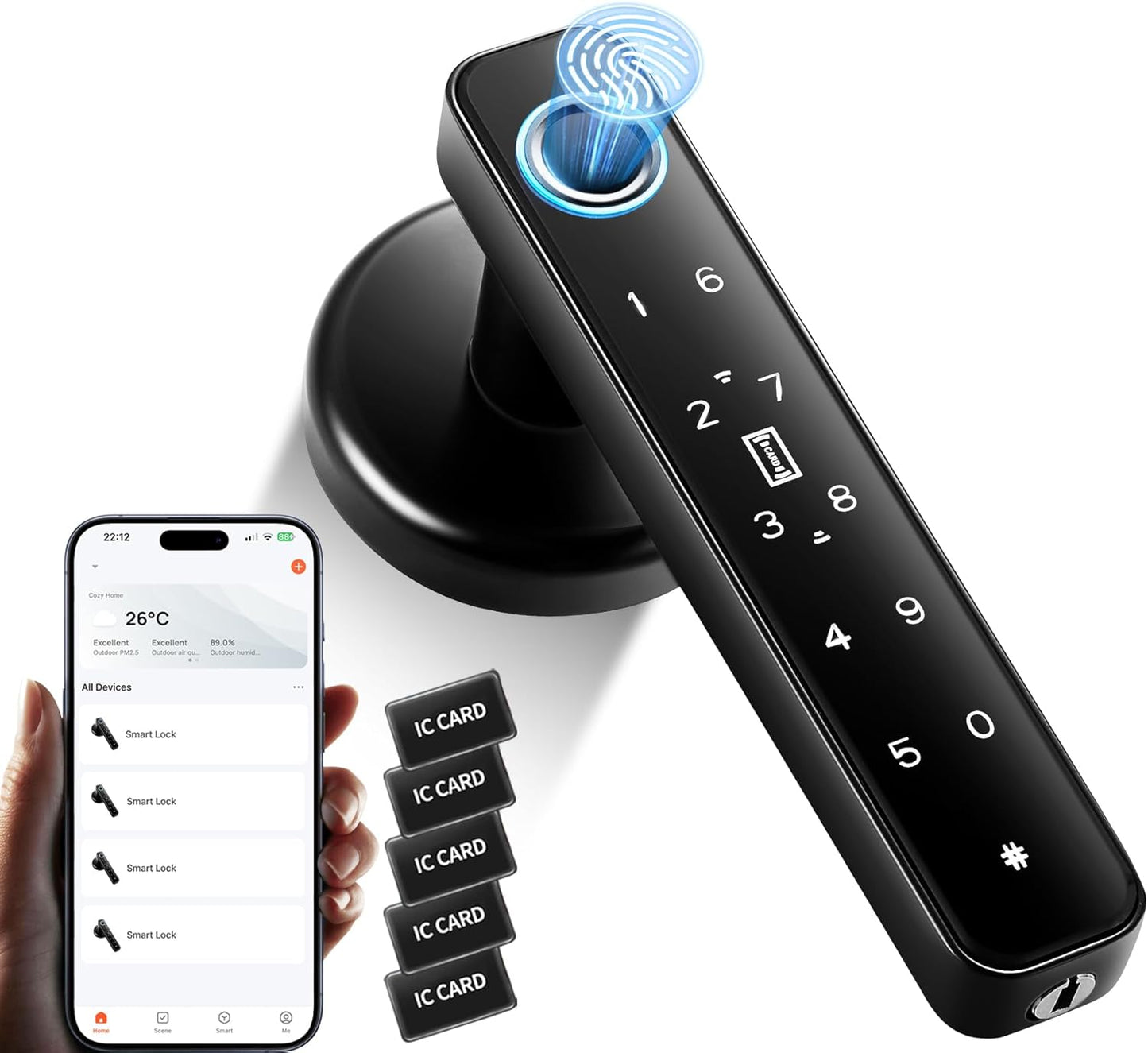 5-in-1 Smart Fingerprint Door Knob for Bedroom, Office, Hotel, Closet - Biometric Thumbprint Lock