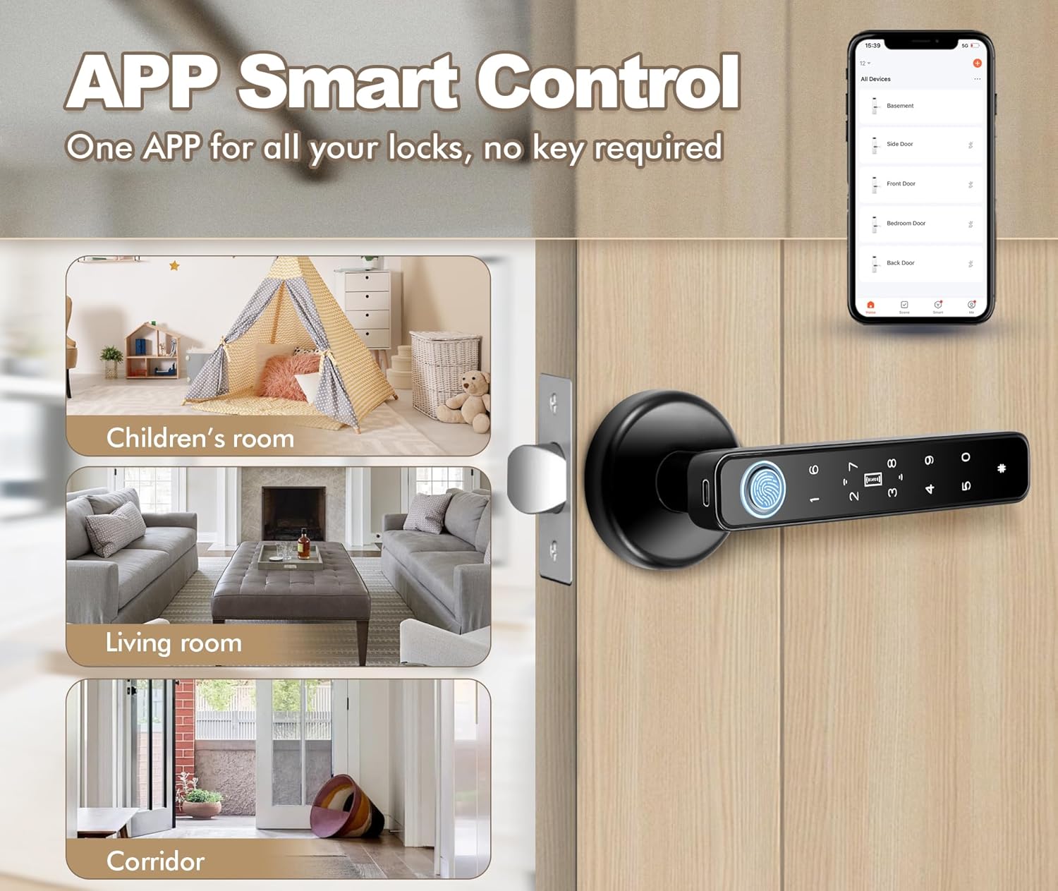 5-in-1 Smart Fingerprint Door Knob for Bedroom, Office, Hotel, Closet - Biometric Thumbprint Lock