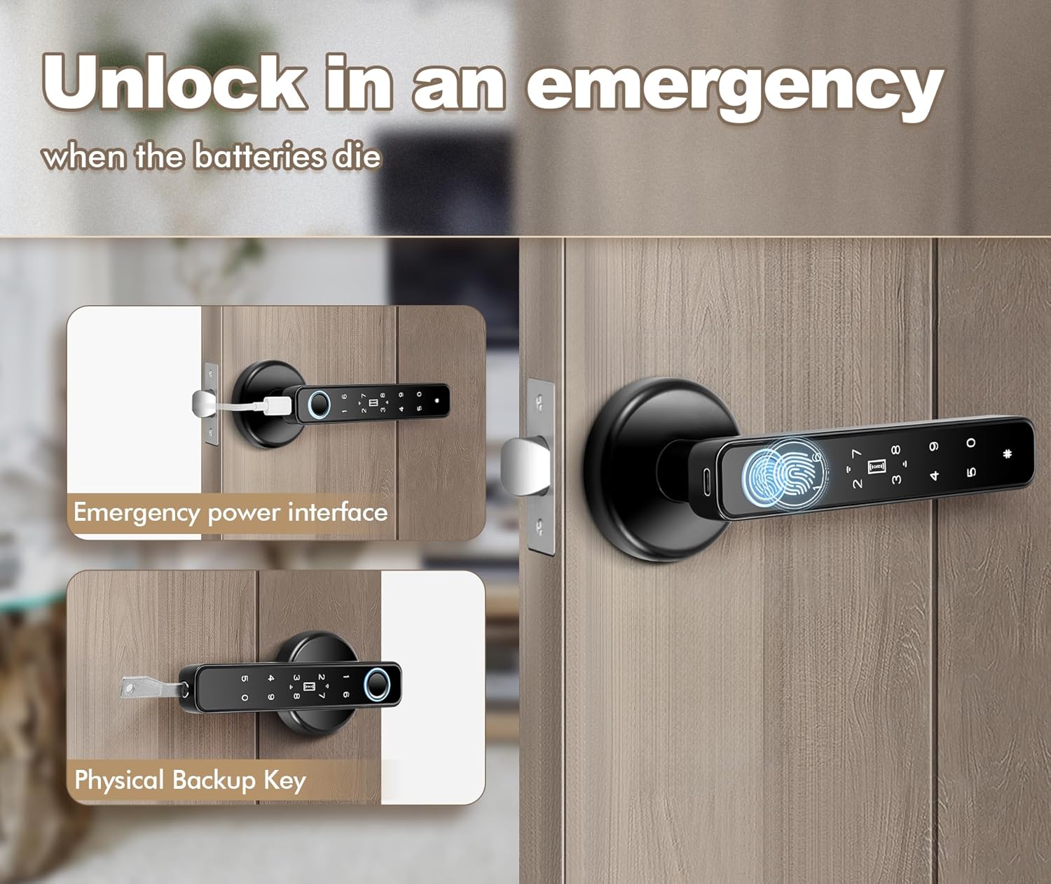 5-in-1 Smart Fingerprint Door Knob for Bedroom, Office, Hotel, Closet - Biometric Thumbprint Lock