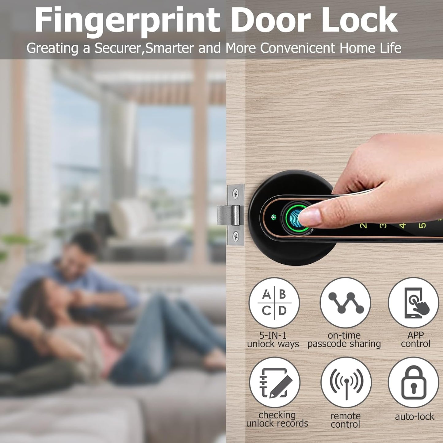 5-in-1 Smart Fingerprint Door Lock for Bedroom Home Hotel Office Apartment - Bluetooth, Code, IC Card, Key - Biometric Technology