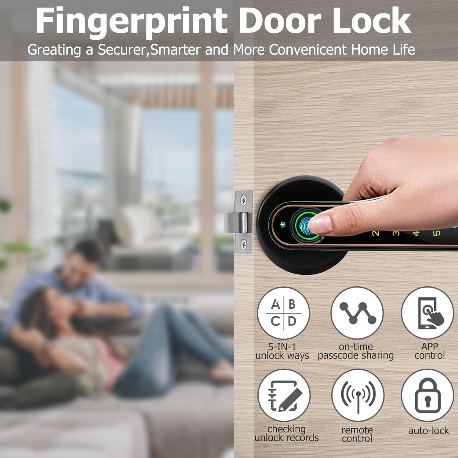 5-in-1 Smart Fingerprint Door Lock for Bedroom Home Hotel Office Apartment - Bluetooth, Code, IC Card, Key - Biometric Technology