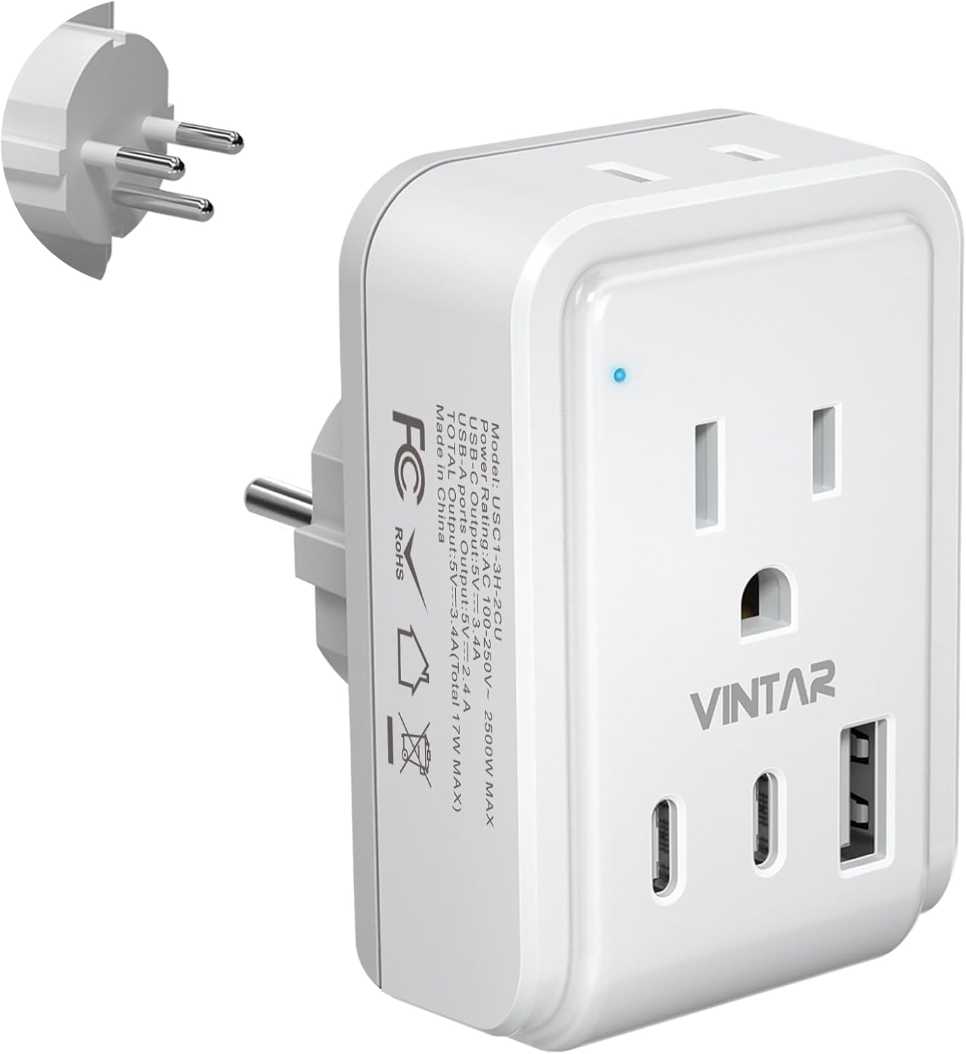 5-in-1 Type H Israel Power Adapter with 3 USB Ports and 2 Outlets for US to Israel/Palestine/Jerusalem