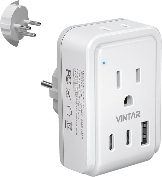 5-in-1 Type H Israel Power Adapter with 3 USB Ports and 2 Outlets for US to Israel/Palestine/Jerusalem