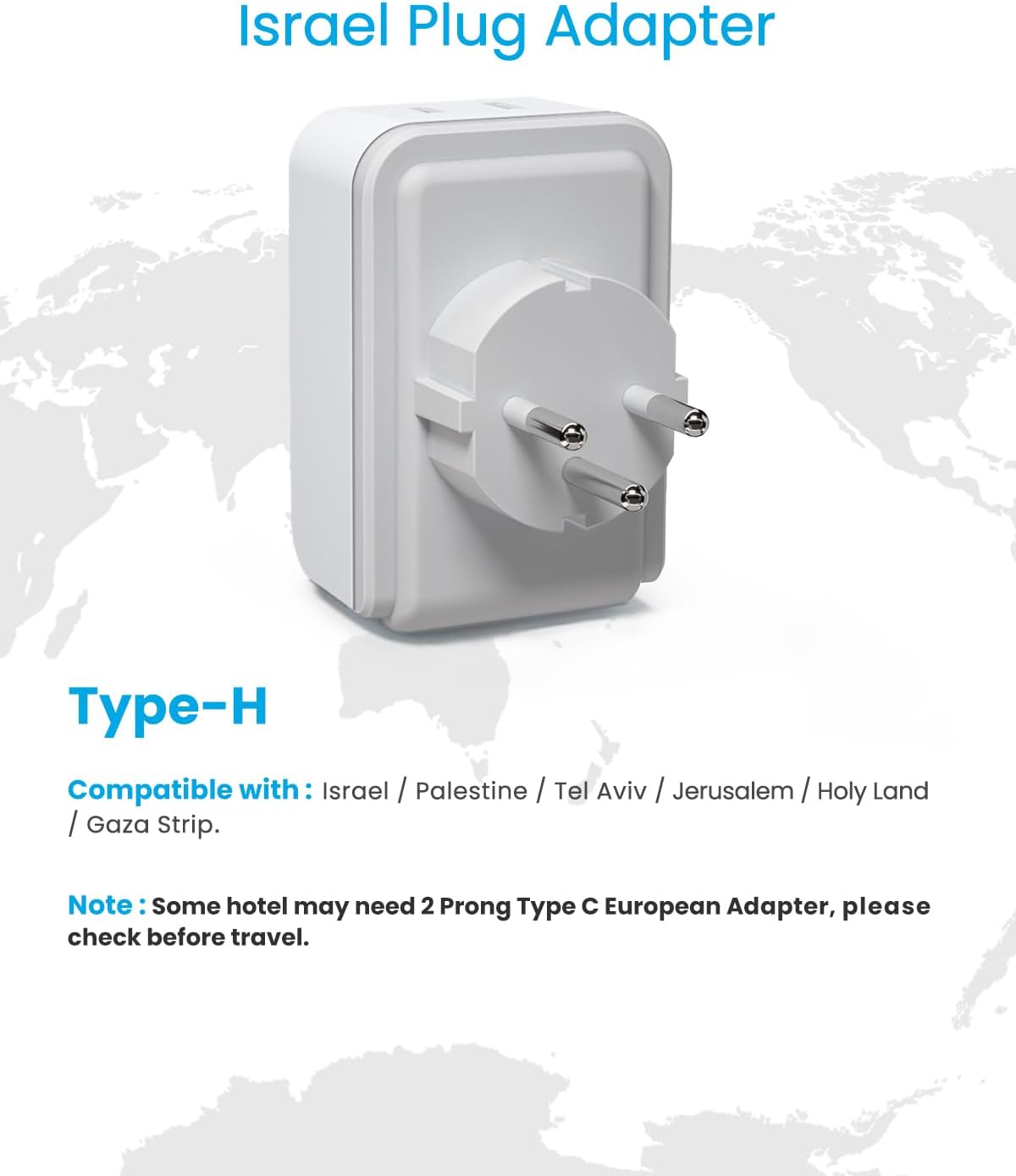 5-in-1 Type H Israel Power Adapter with 3 USB Ports and 2 Outlets for US to Israel/Palestine/Jerusalem