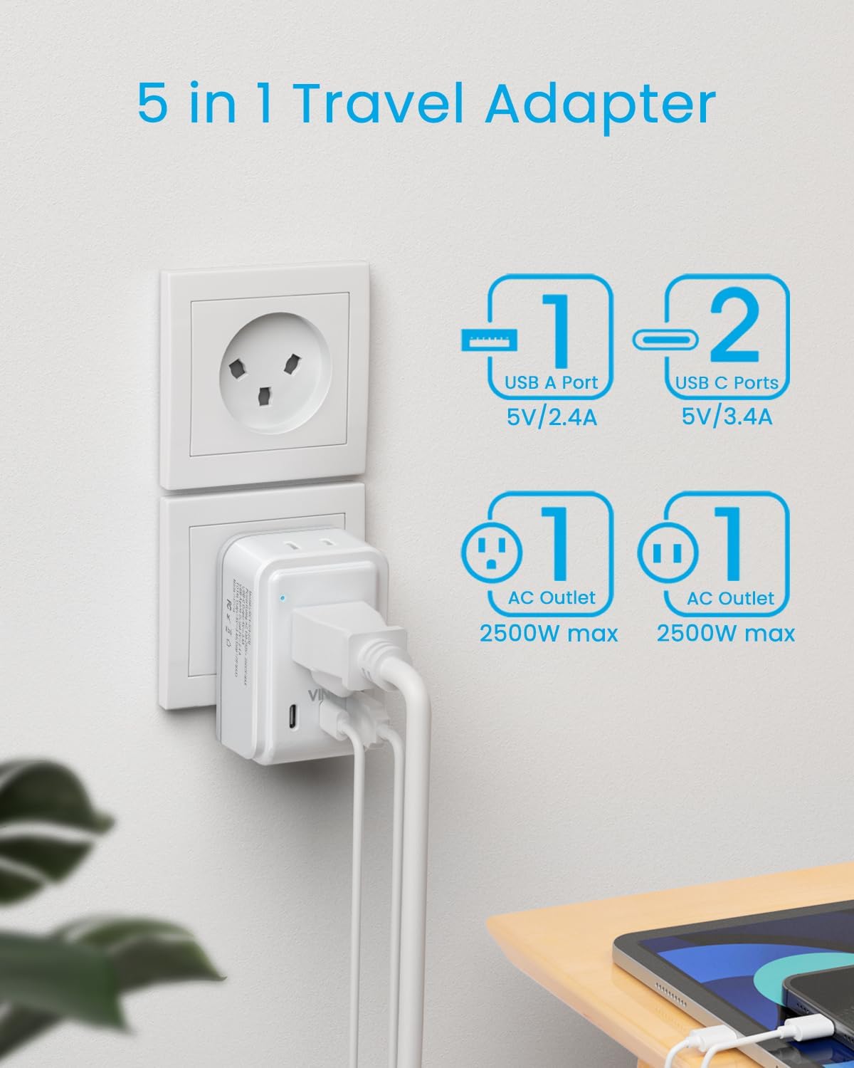 5-in-1 Type H Israel Power Adapter with 3 USB Ports and 2 Outlets for US to Israel/Palestine/Jerusalem