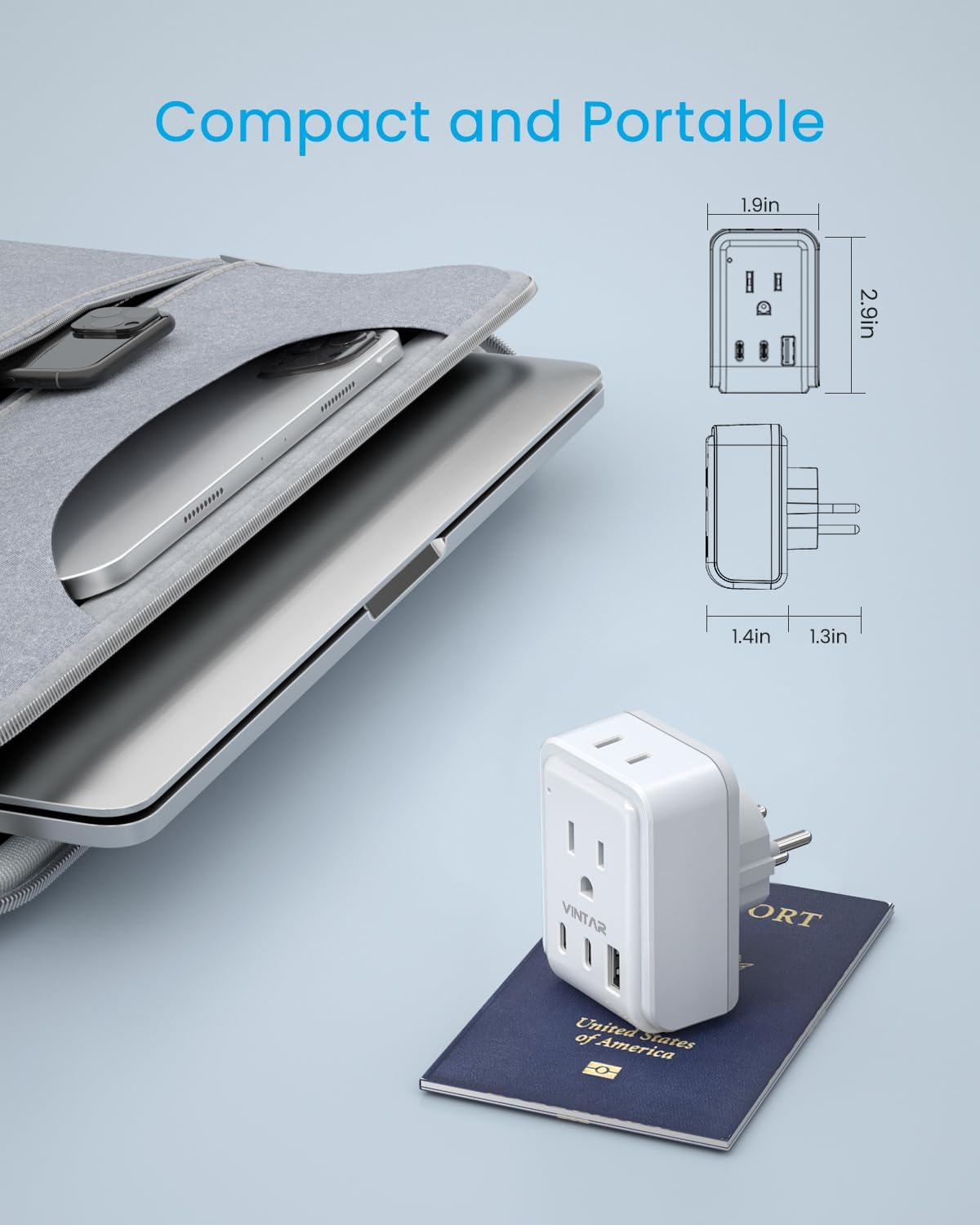 5-in-1 Type H Israel Power Adapter with 3 USB Ports and 2 Outlets for US to Israel/Palestine/Jerusalem