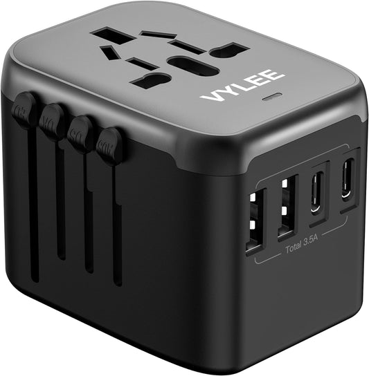5-in-1 Universal Travel Plug Adapter with USB Ports and Worldwide AC Outlet - Black Grey