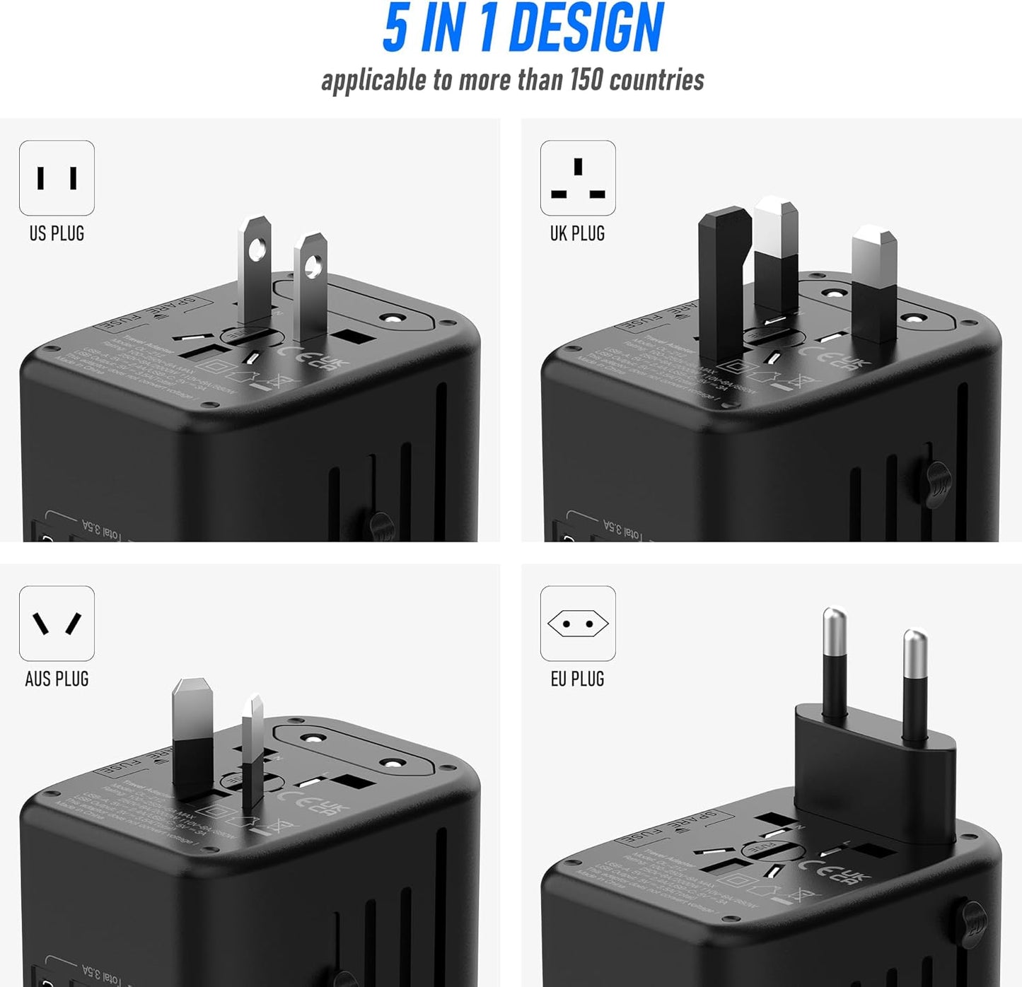 5-in-1 Universal Travel Plug Adapter with USB Ports and Worldwide AC Outlet - Black Grey