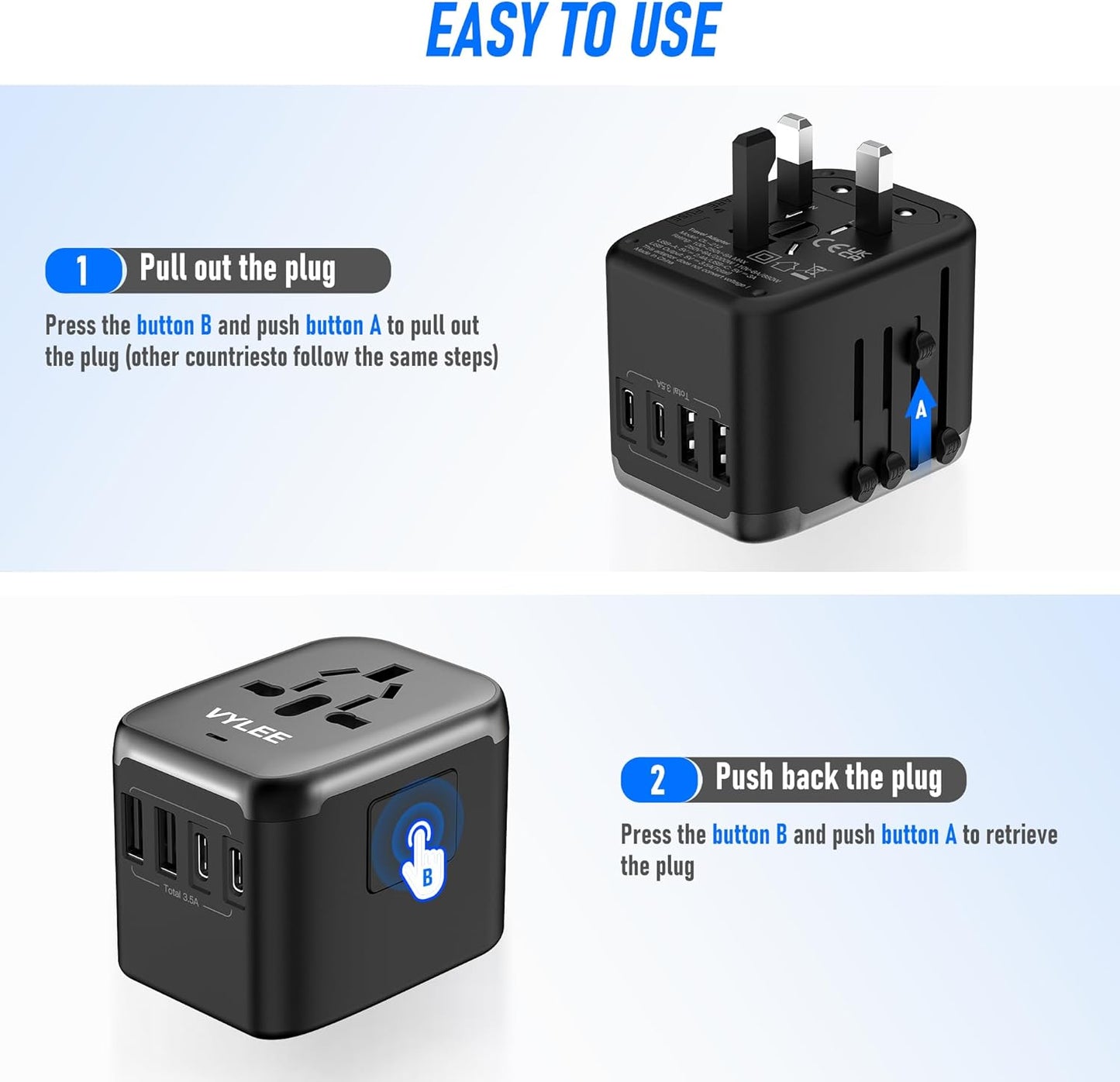 5-in-1 Universal Travel Plug Adapter with USB Ports and Worldwide AC Outlet - Black Grey