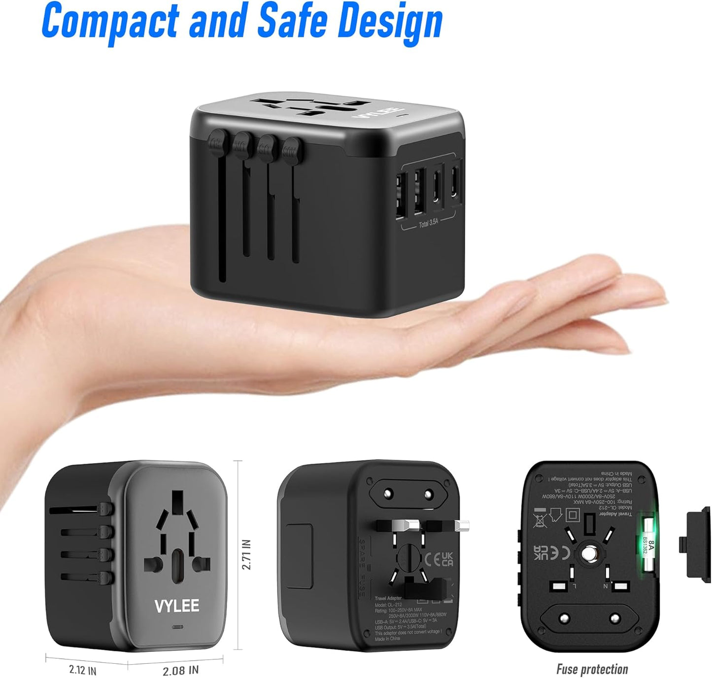 5-in-1 Universal Travel Plug Adapter with USB Ports and Worldwide AC Outlet - Black Grey