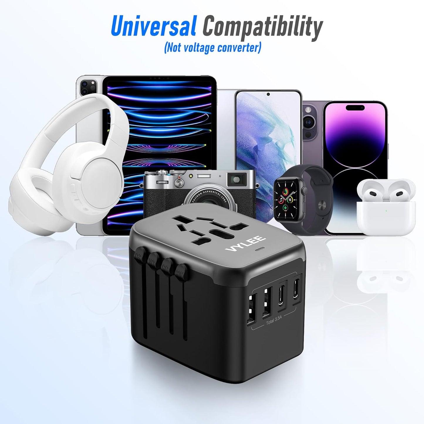 5-in-1 Universal Travel Plug Adapter with USB Ports and Worldwide AC Outlet - Black Grey
