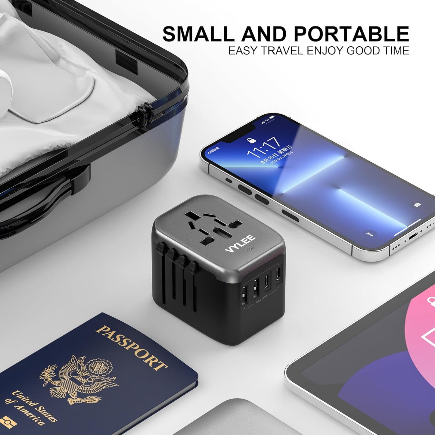 5-in-1 Universal Travel Plug Adapter with USB Ports and Worldwide AC Outlet - Black Grey