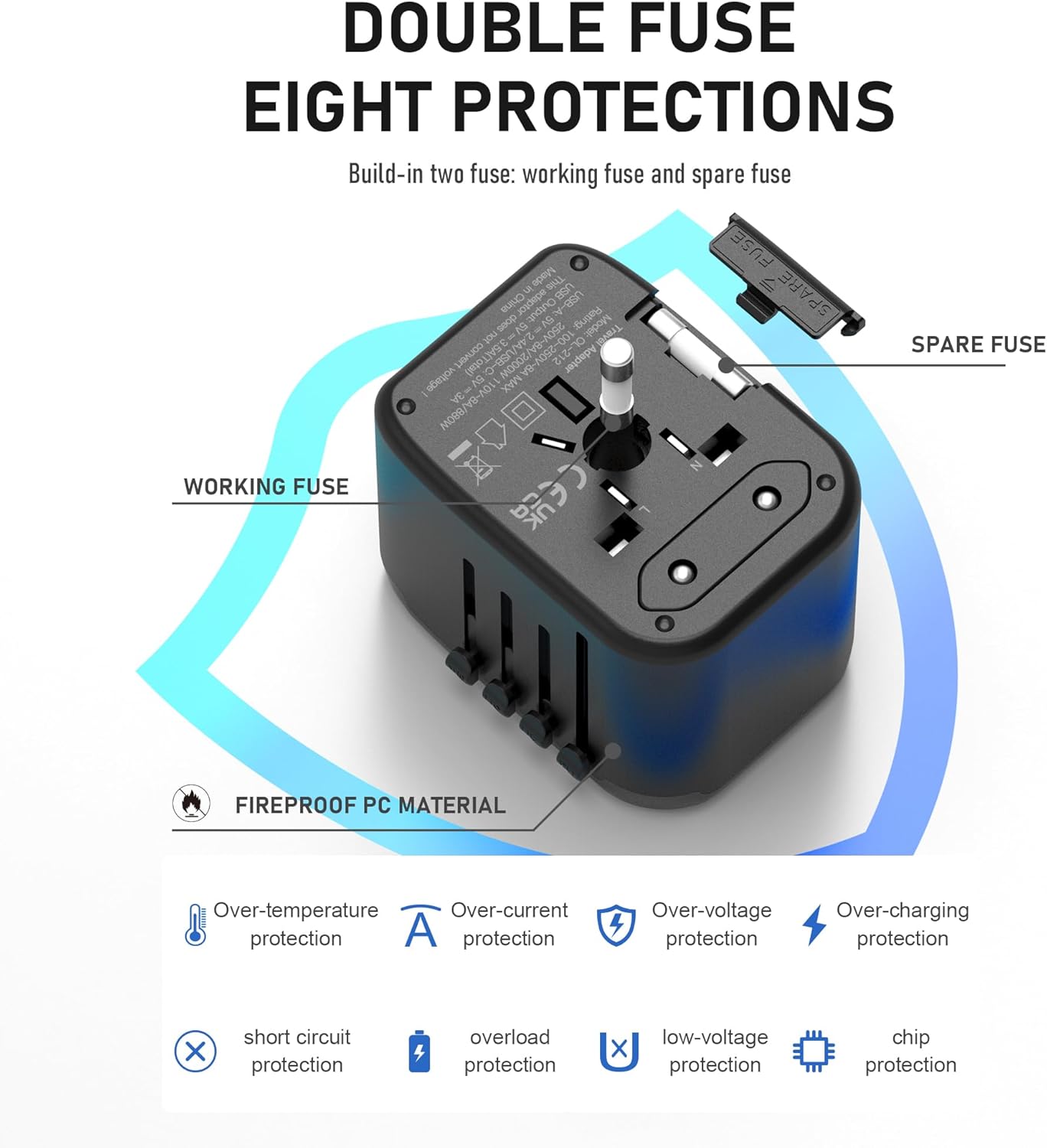 5-in-1 Universal Travel Plug Adapter with USB Ports and Worldwide AC Outlet - Black Grey