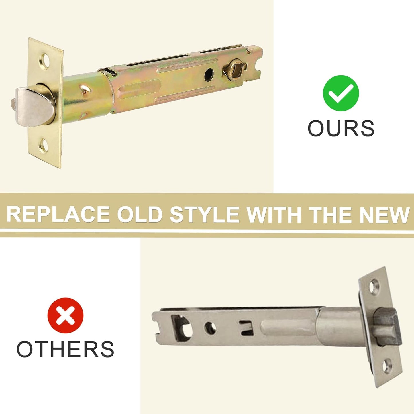 5-Inch Backset Entry Door Latch for Standard Knobset, 90° Square Interface, Square Corner Faceplate, 2-1/8" Cross Bore, 1" Edge Bore, Non-Handed, Polished Brass