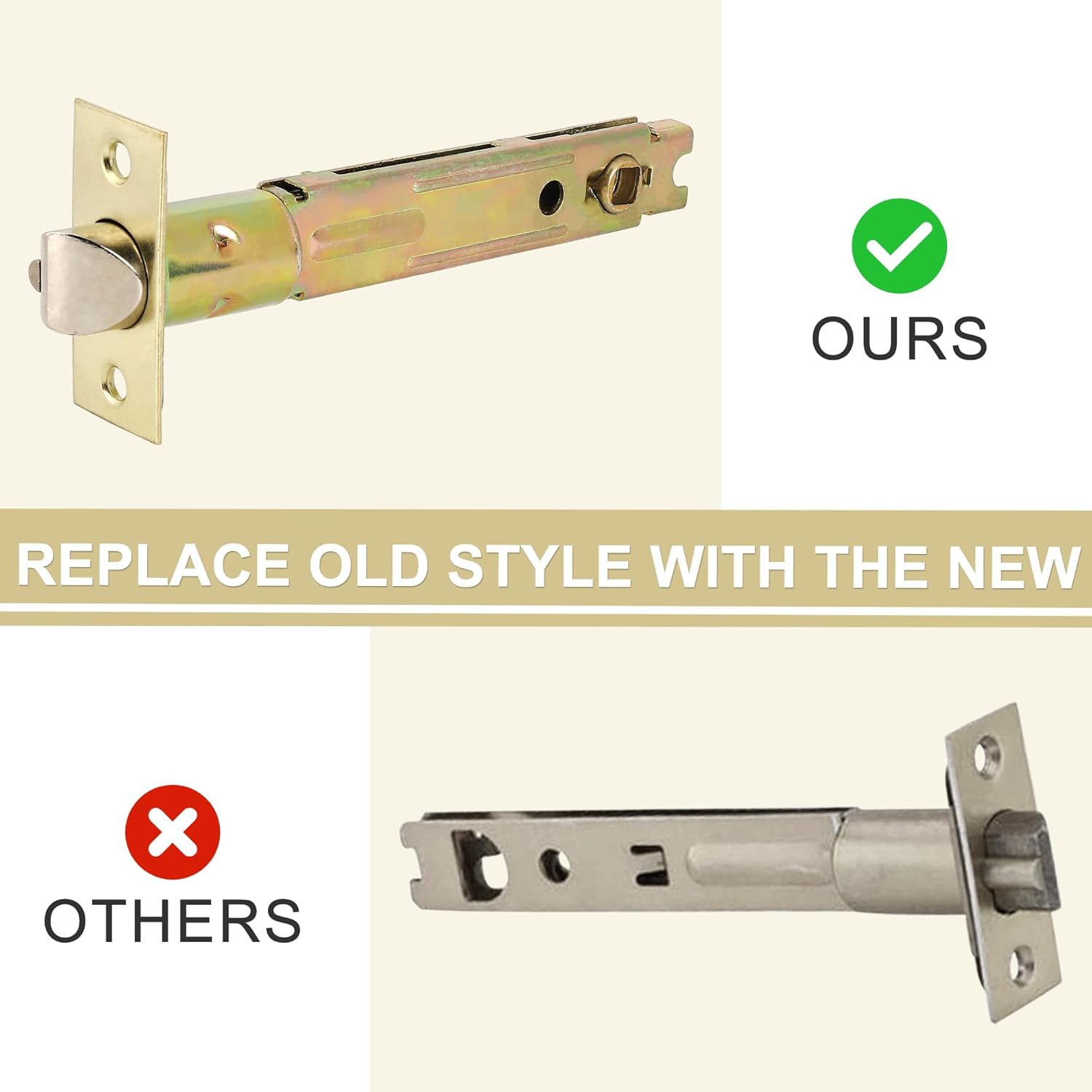 5-Inch Backset Entry Door Latch for Standard Knobset, 90° Square Interface, Square Corner Faceplate, 2-1/8" Cross Bore, 1" Edge Bore, Non-Handed, Polished Brass