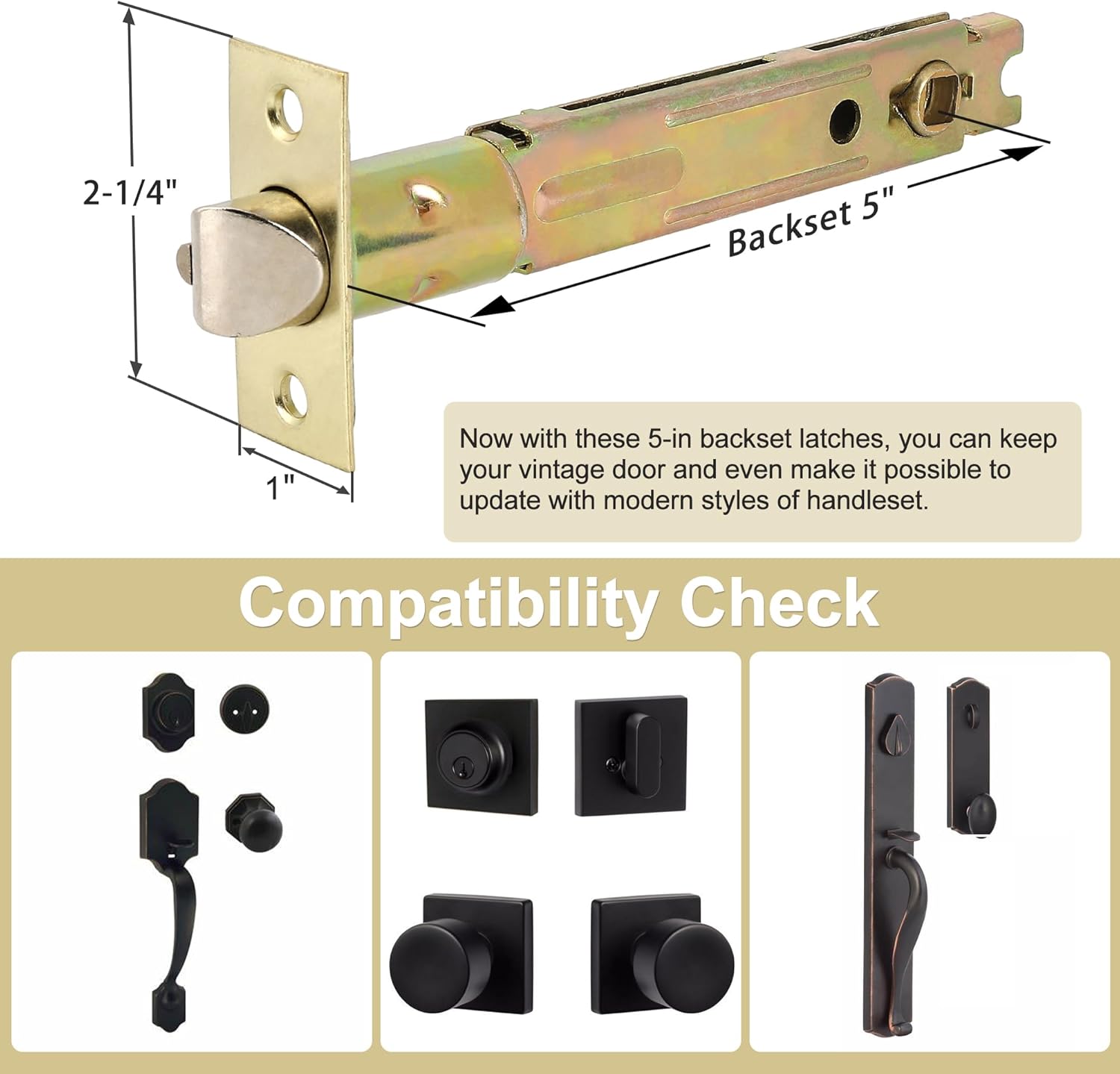 5-Inch Backset Entry Door Latch for Standard Knobset, 90° Square Interface, Square Corner Faceplate, 2-1/8" Cross Bore, 1" Edge Bore, Non-Handed, Polished Brass
