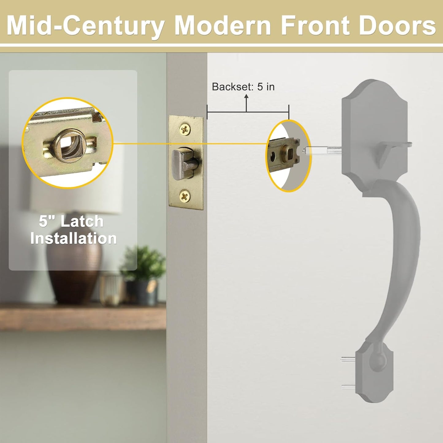 5-Inch Backset Entry Door Latch for Standard Knobset, 90° Square Interface, Square Corner Faceplate, 2-1/8" Cross Bore, 1" Edge Bore, Non-Handed, Polished Brass