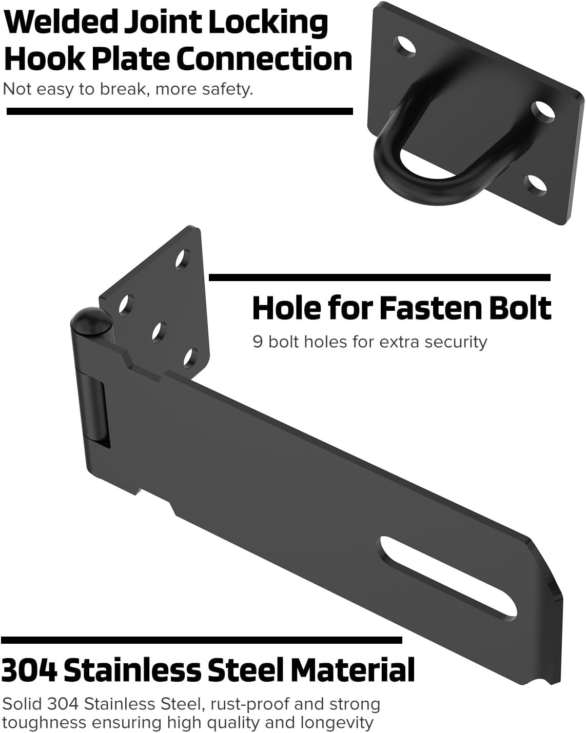 5 Inch Stainless Steel Door Hasp Lock Latch for Shed, Drawers, Cabinets - Black (1pc)