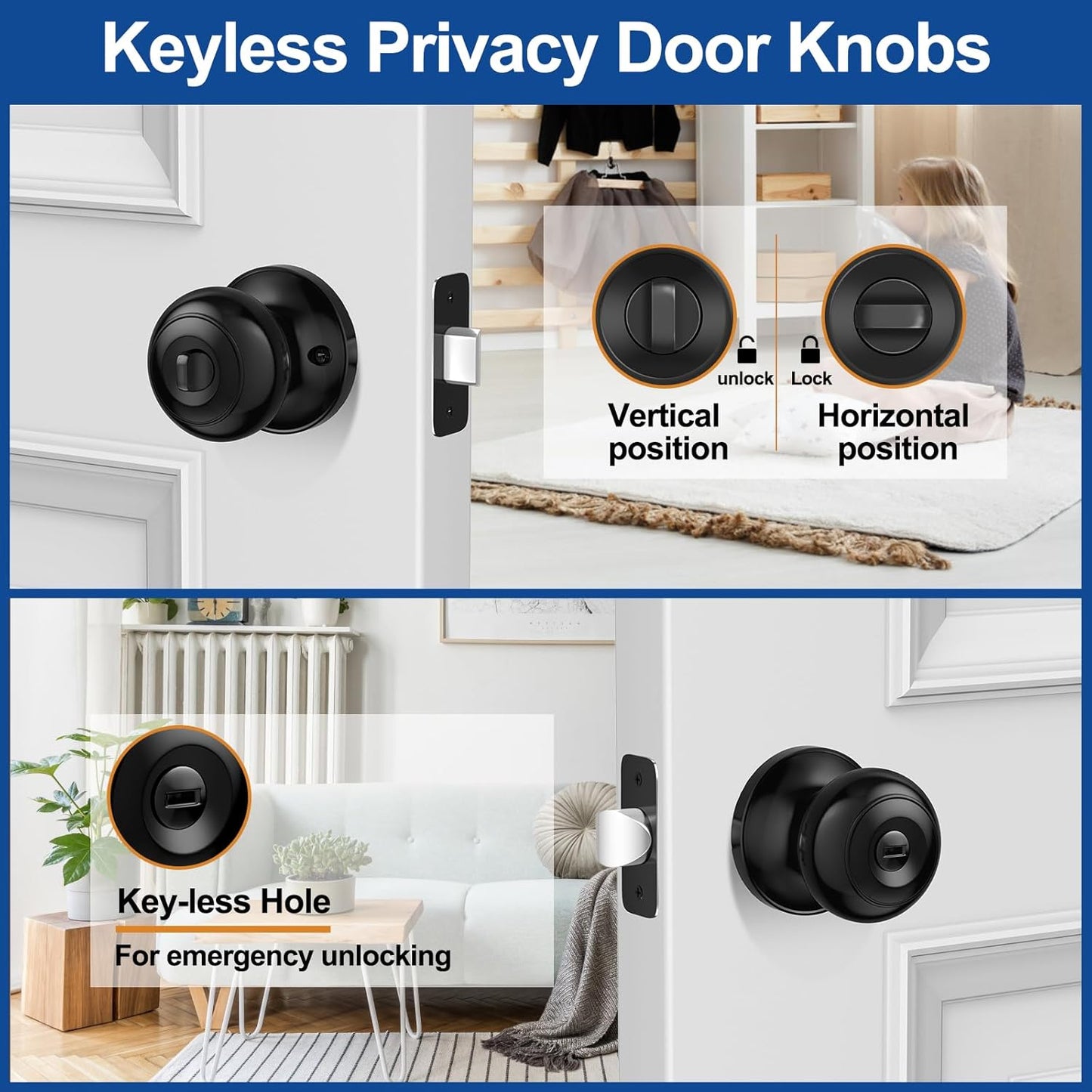 5 Pack AEEKEL Black Keyless Privacy Door Knobs with Lock for Bedrooms and Bathrooms - Reversible Left/Right Handle