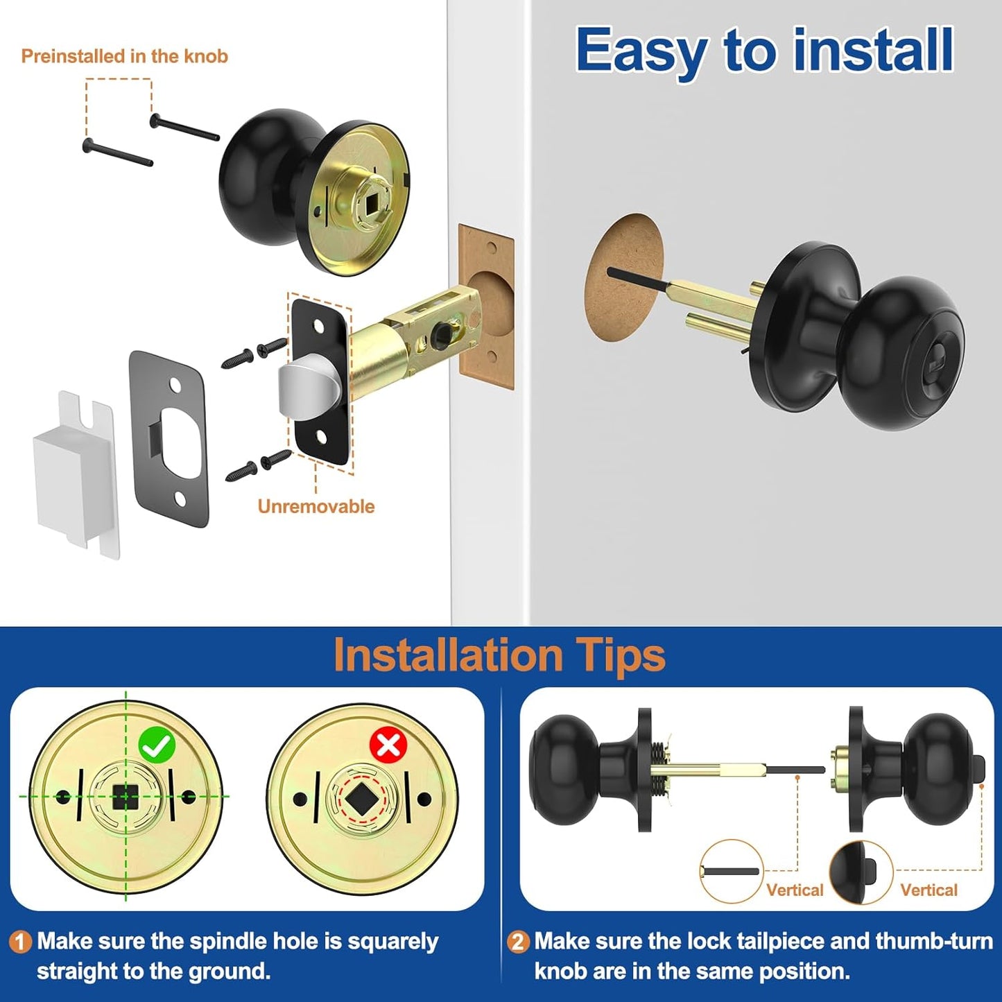 5 Pack AEEKEL Black Keyless Privacy Door Knobs with Lock for Bedrooms and Bathrooms - Reversible Left/Right Handle