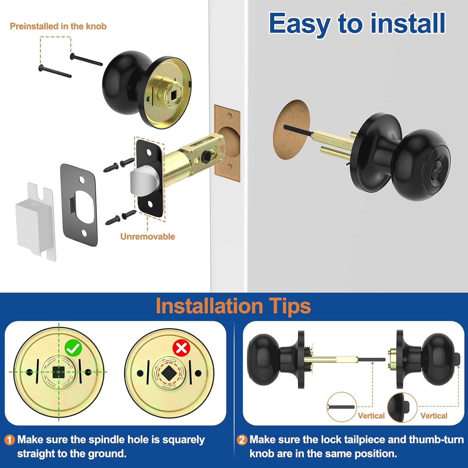 5 Pack AEEKEL Black Keyless Privacy Door Knobs with Lock for Bedrooms and Bathrooms - Reversible Left/Right Handle