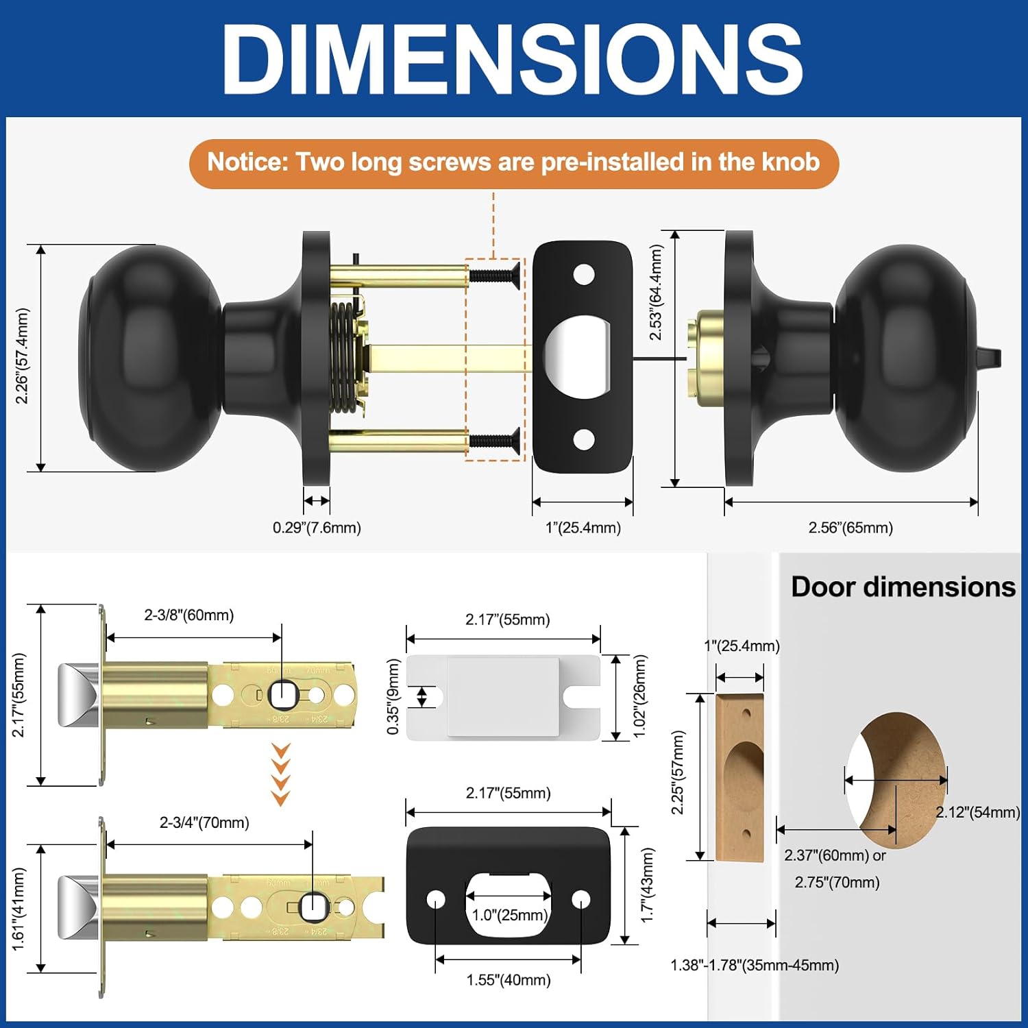5 Pack AEEKEL Black Keyless Privacy Door Knobs with Lock for Bedrooms and Bathrooms - Reversible Left/Right Handle