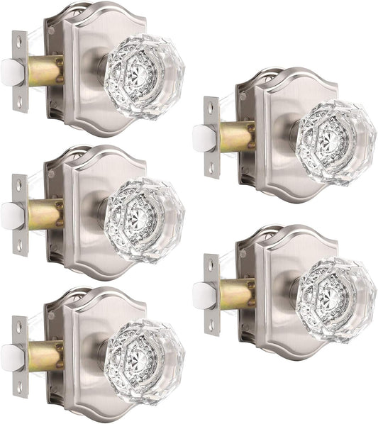 5 Pack Crystal Door Knobs with Satin Nickel Rosette - Octagon Shape Clear Diamond Knobsets for Hall Closet Pantry - Interior Glass Door Knob Lock with Passage Function by Gobrico