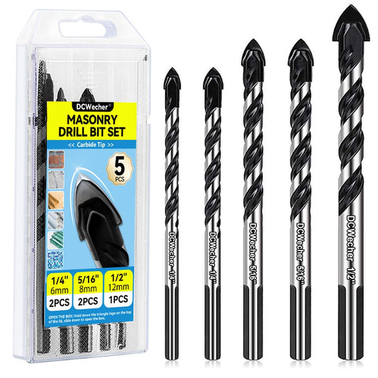 5-Pack DCWecher Professional Concrete Drill Bit Set - Industrial-Strength Carbide Masonry Bits for Brick, Tile, Glass, Cement - 1/4'', 5/16'', 1/2'' Sizes - Ideal for DIY and Construction Use