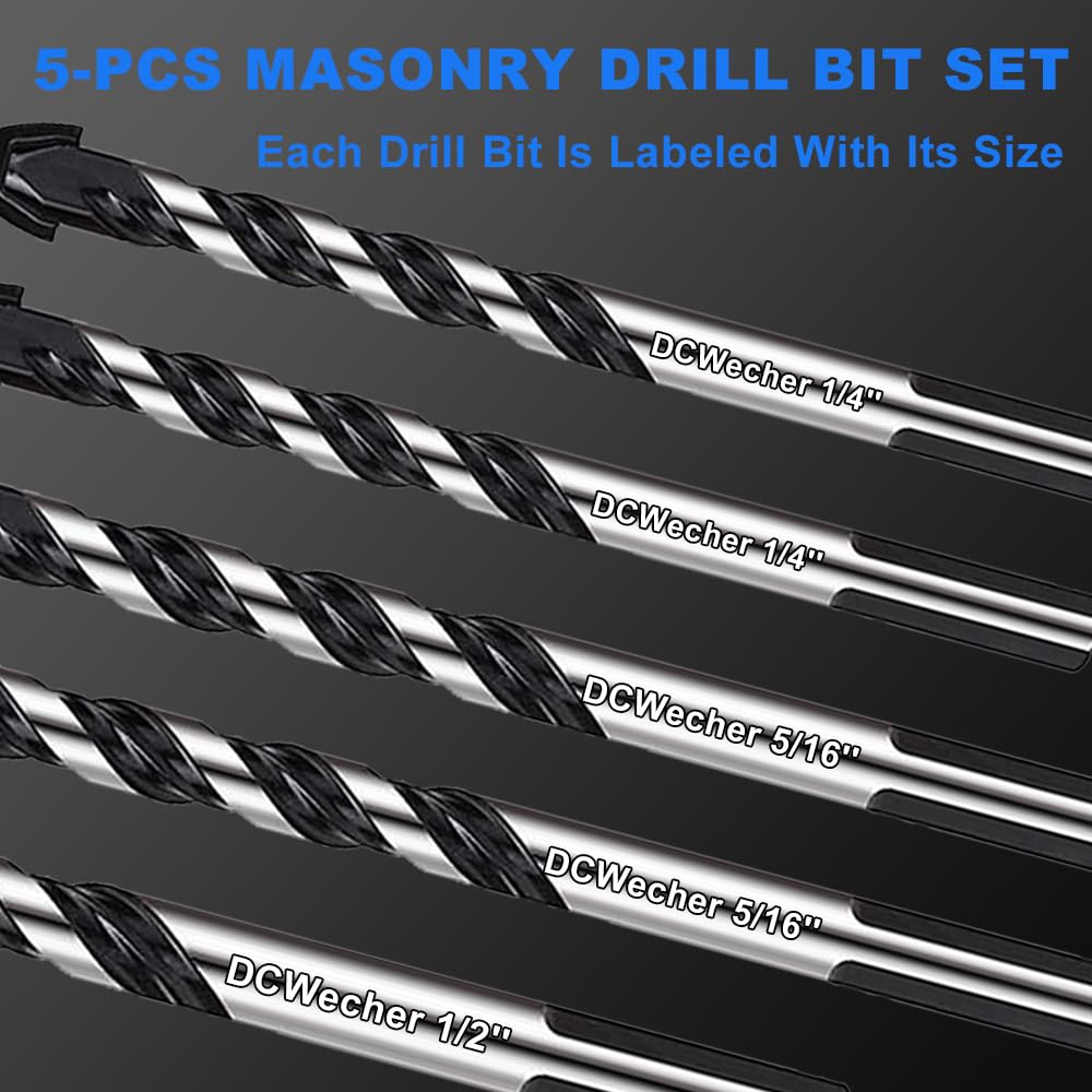 5-Pack DCWecher Professional Concrete Drill Bit Set - Industrial-Strength Carbide Masonry Bits for Brick, Tile, Glass, Cement - 1/4'', 5/16'', 1/2'' Sizes - Ideal for DIY and Construction Use