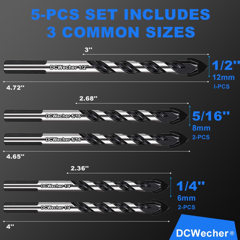 5-Pack DCWecher Professional Concrete Drill Bit Set - Industrial-Strength Carbide Masonry Bits for Brick, Tile, Glass, Cement - 1/4'', 5/16'', 1/2'' Sizes - Ideal for DIY and Construction Use