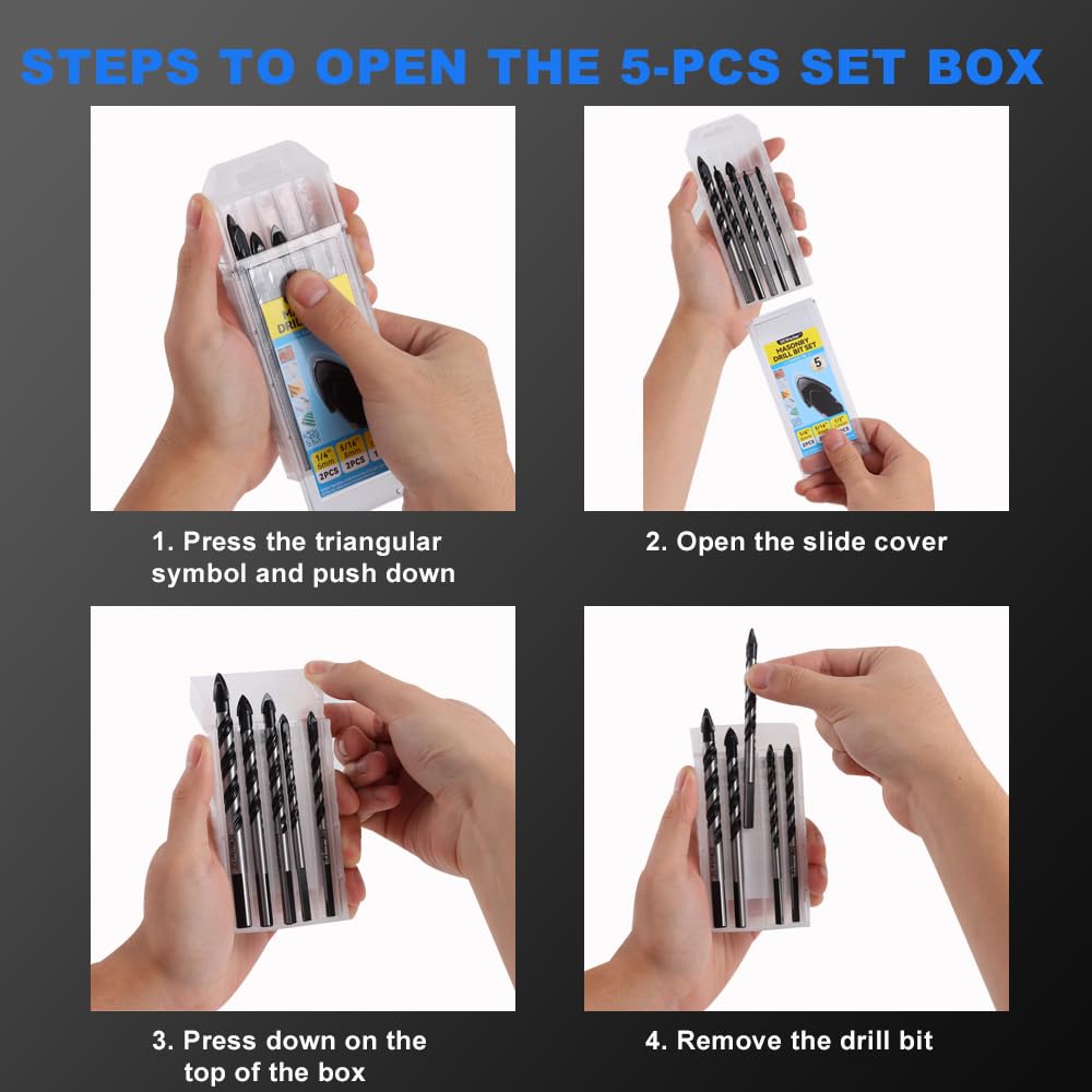 5-Pack DCWecher Professional Concrete Drill Bit Set - Industrial-Strength Carbide Masonry Bits for Brick, Tile, Glass, Cement - 1/4'', 5/16'', 1/2'' Sizes - Ideal for DIY and Construction Use