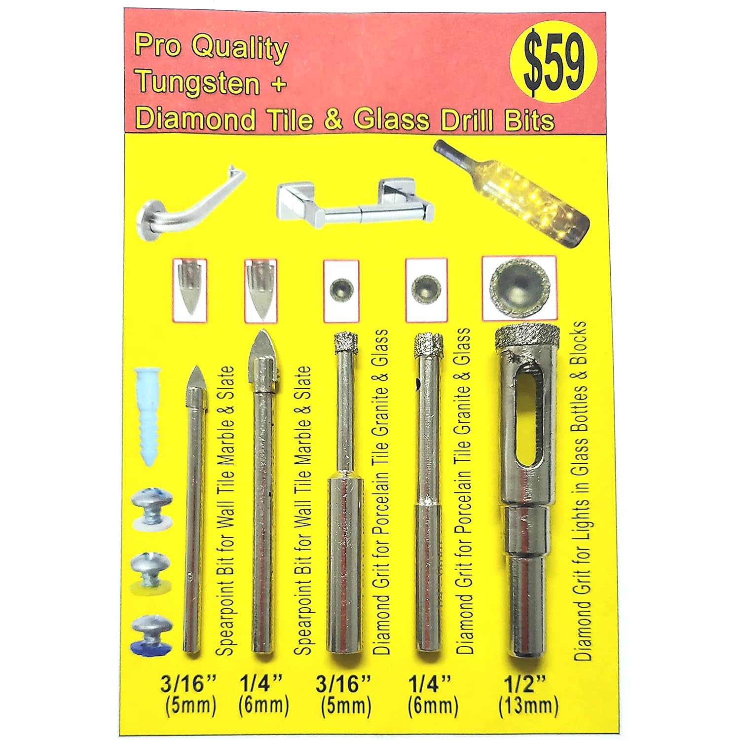 5-Pack Diamond Tile Drill Bit Kit for Glass & Porcelain - Includes 3/16", 1/4", 1/2" Bits for Ceramic, Granite, and Bottles