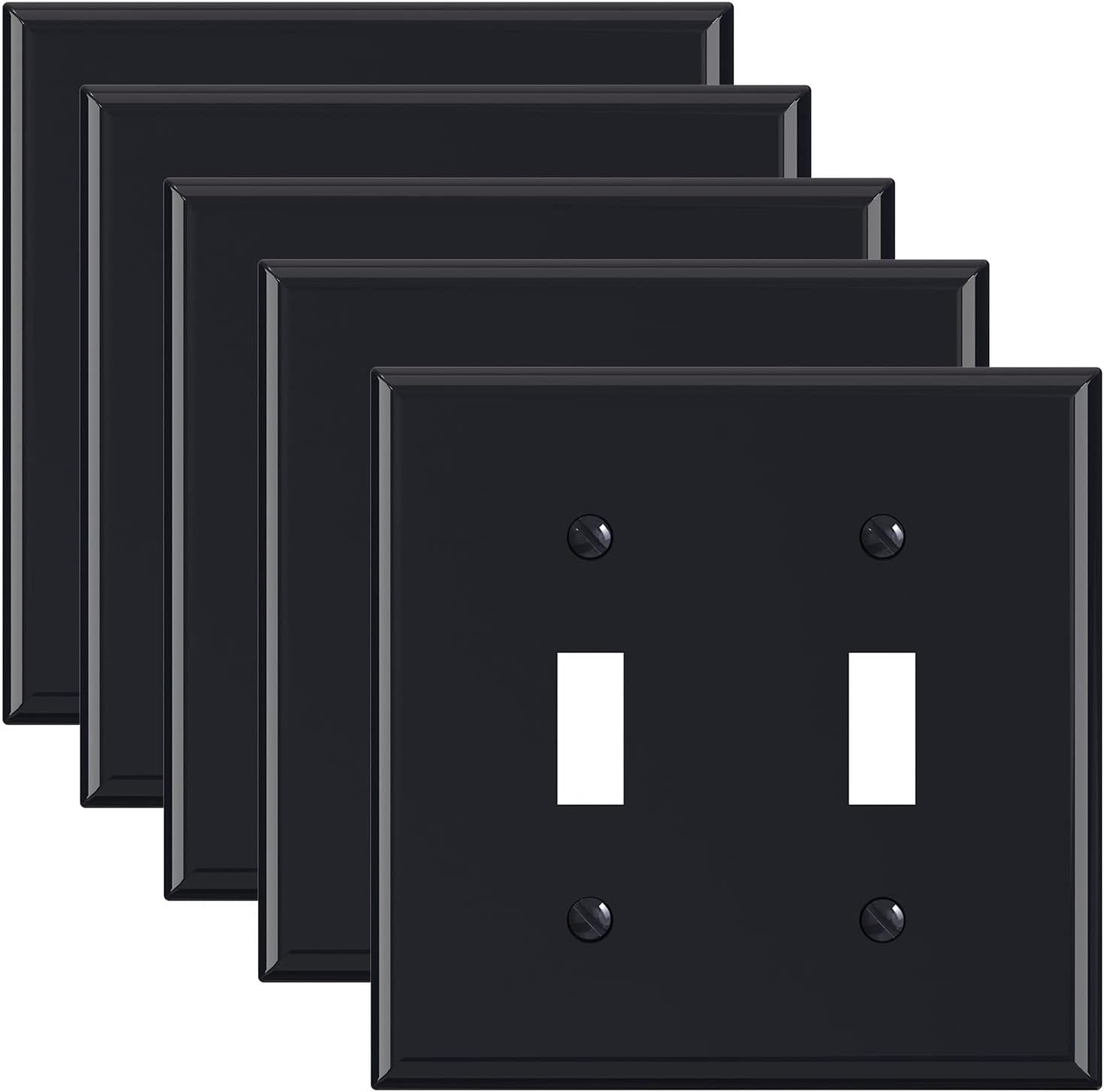 5-Pack ELEGRP Glossy Black 2-Gang Toggle Switch Wall Plates - Double Mid-Size Unbreakable Thermoplastic Cover for Dimmer Light Switches
