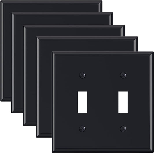 5-Pack ELEGRP Glossy Black 2-Gang Toggle Switch Wall Plates - Double Mid-Size Unbreakable Thermoplastic Cover for Dimmer Light Switches