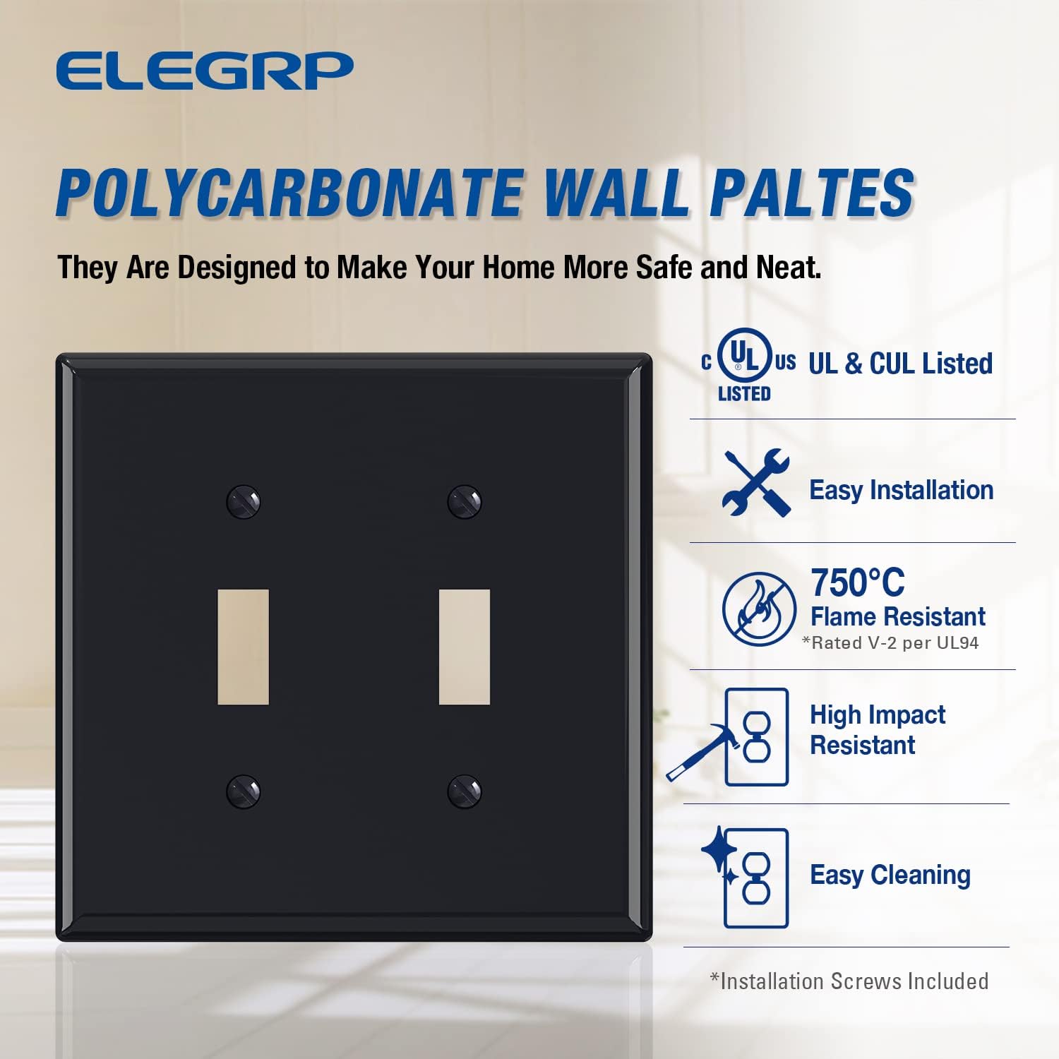 5-Pack ELEGRP Glossy Black 2-Gang Toggle Switch Wall Plates - Double Mid-Size Unbreakable Thermoplastic Cover for Dimmer Light Switches