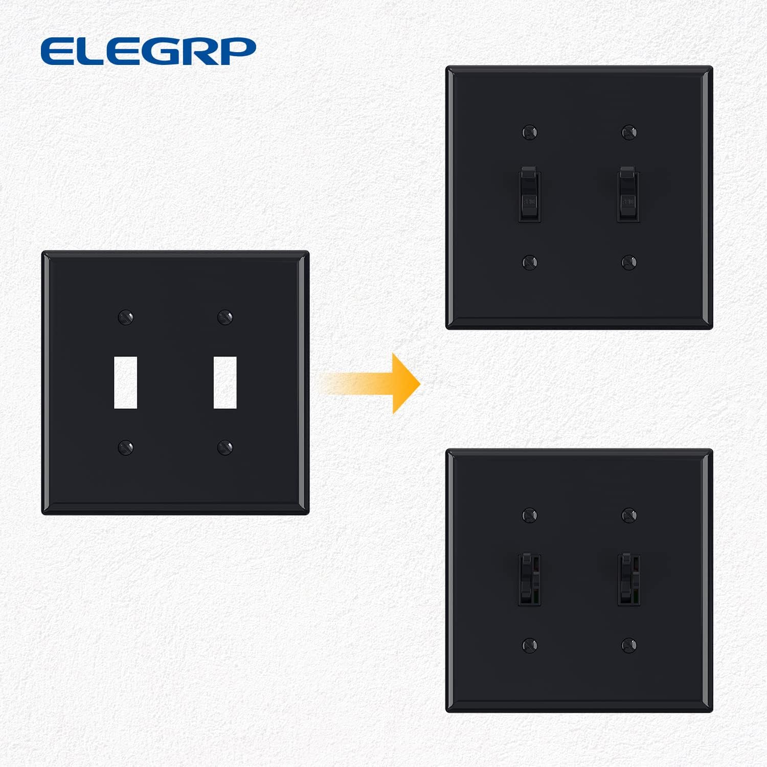 5-Pack ELEGRP Glossy Black 2-Gang Toggle Switch Wall Plates - Double Mid-Size Unbreakable Thermoplastic Cover for Dimmer Light Switches