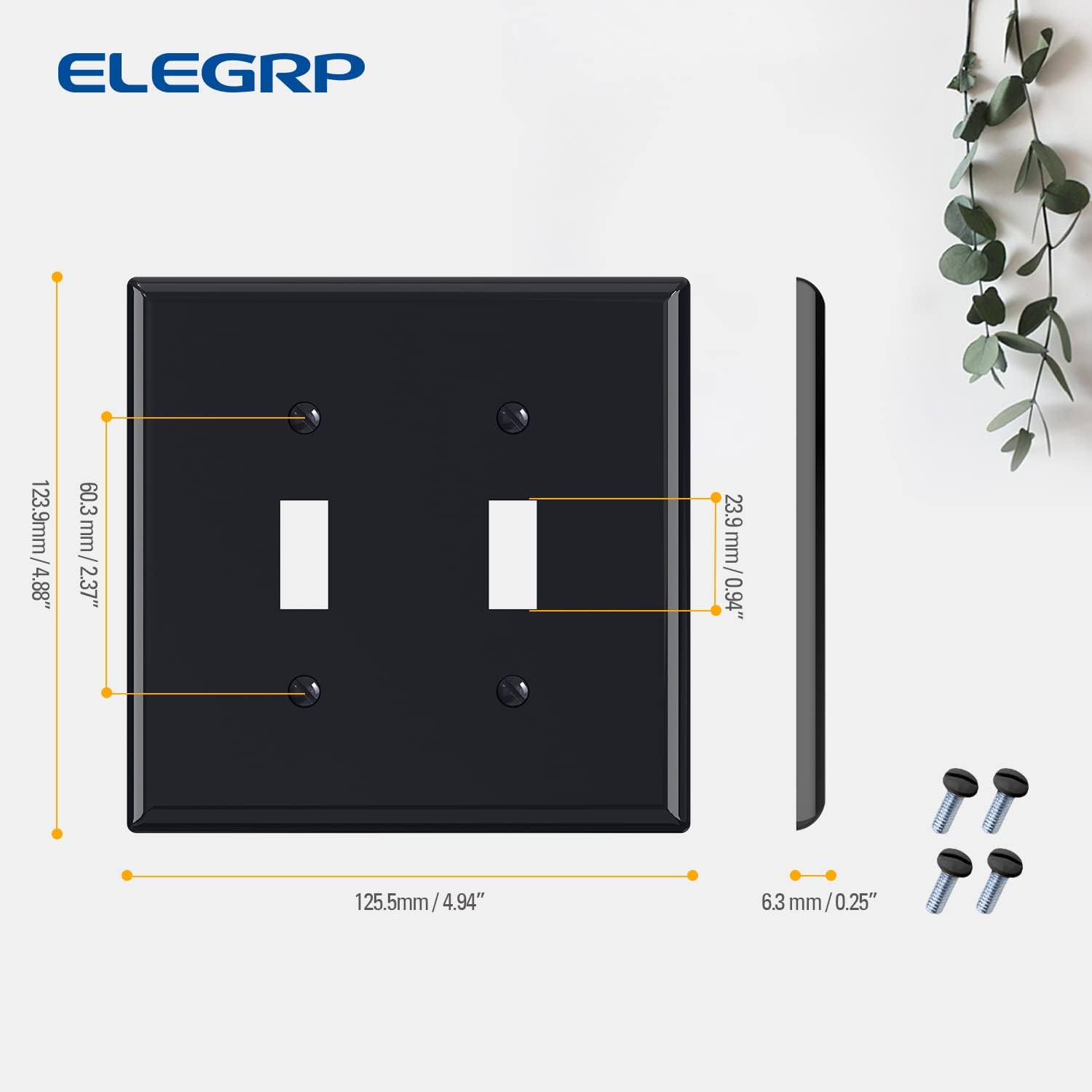 5-Pack ELEGRP Glossy Black 2-Gang Toggle Switch Wall Plates - Double Mid-Size Unbreakable Thermoplastic Cover for Dimmer Light Switches