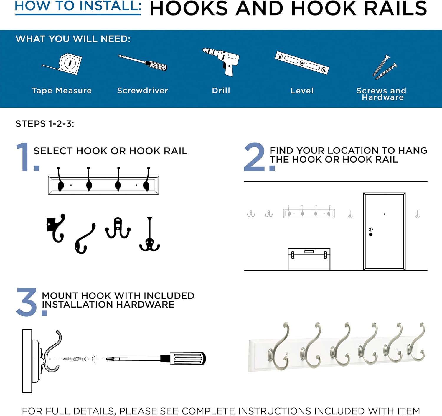 (5-Pack) Franklin Brass Ruavista Double Coat and Hat Wall Hooks - Nickel Wall Mount Hanger for Bags, Towels, and Decor