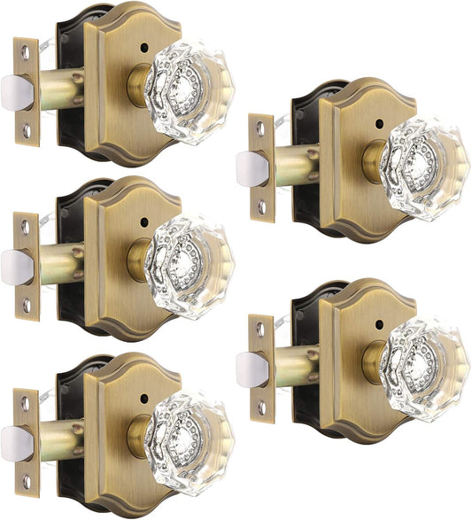 5 Pack Gobrico Antique Brass Interior Door Locksets with Octagonal Crystal Doorknobs for Bed/Bath - Privacy Function Handles