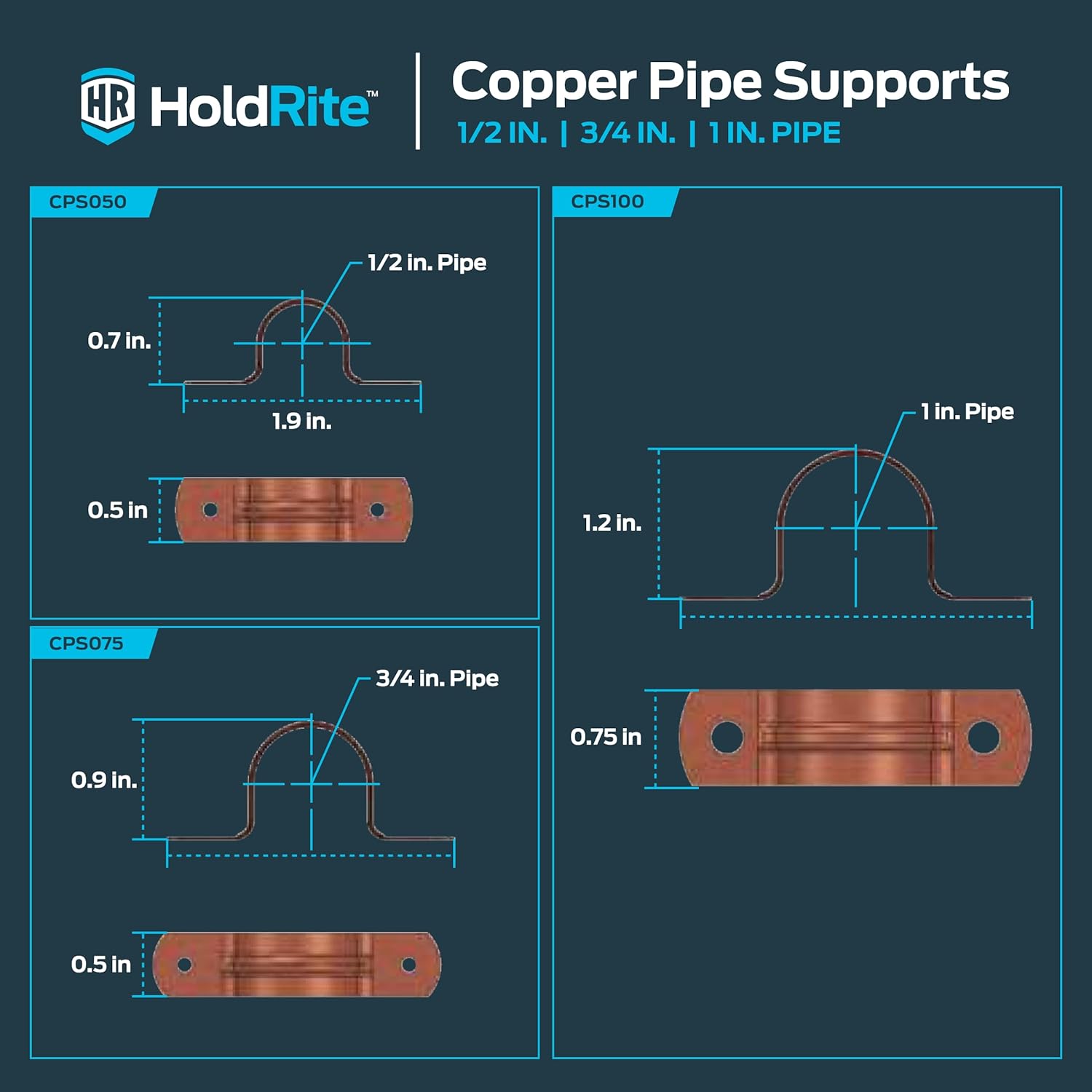 5 Pack HoldRite CPS0100Z5 Copper 2-Hole Strap for 1 Inch Pipes - Pipe Support Kit