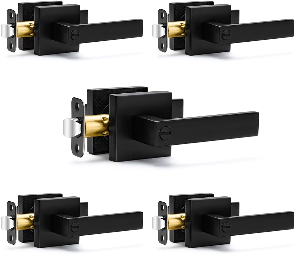 5-Pack Matte Black Door Handles Privacy Levers - Keyless Interior Knobs for Bedroom & Bathroom - Reversible Square Design