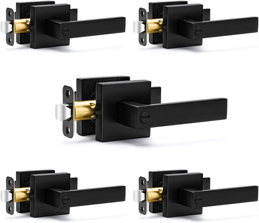 5-Pack Matte Black Door Handles Privacy Levers - Keyless Interior Knobs for Bedroom & Bathroom - Reversible Square Design