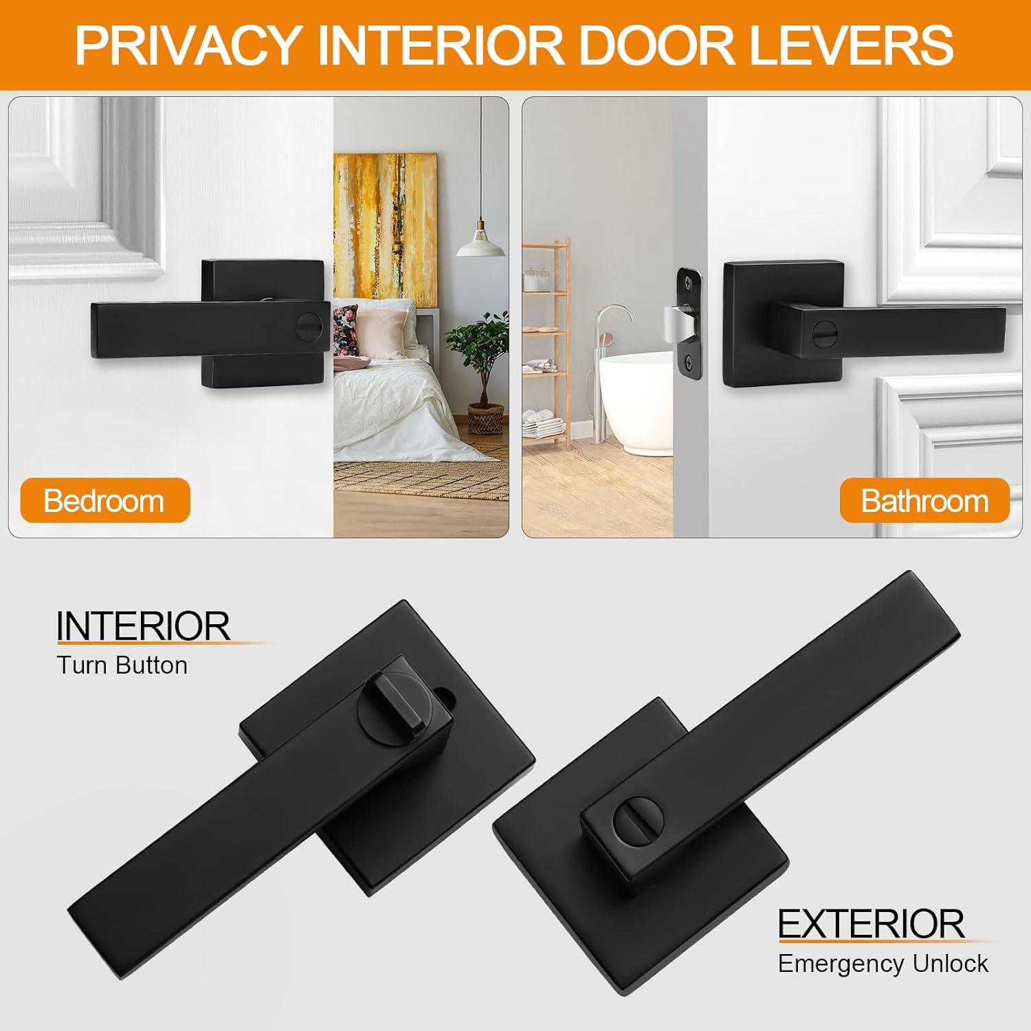 5-Pack Matte Black Door Handles Privacy Levers - Keyless Interior Knobs for Bedroom & Bathroom - Reversible Square Design