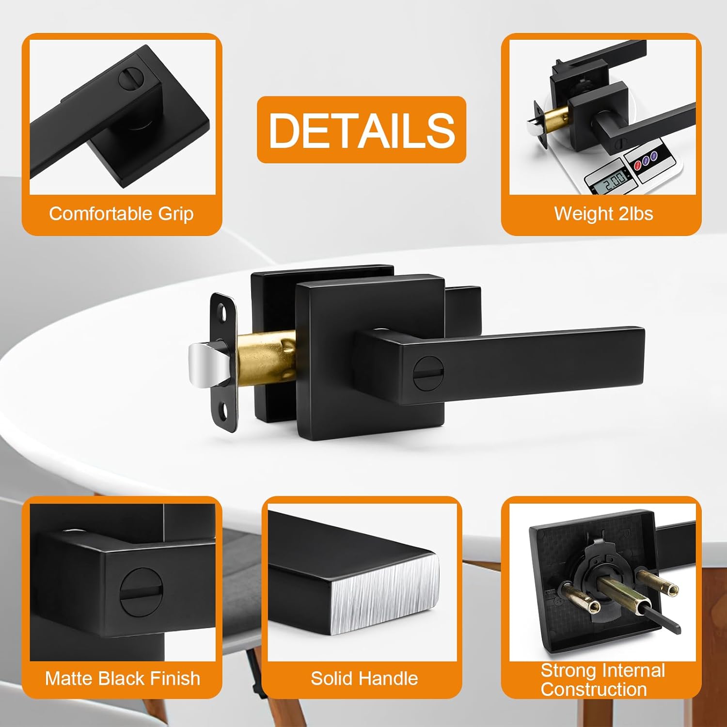 5-Pack Matte Black Door Handles Privacy Levers - Keyless Interior Knobs for Bedroom & Bathroom - Reversible Square Design