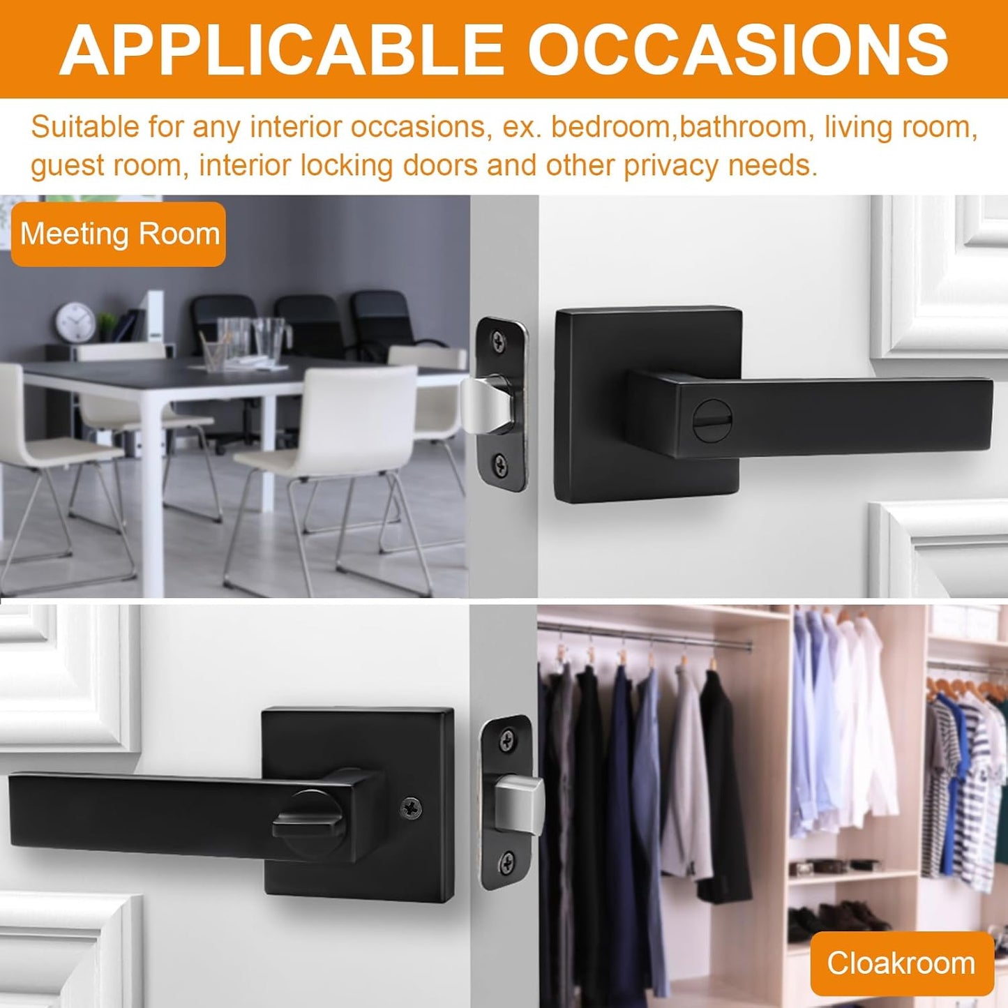 5-Pack Matte Black Door Handles Privacy Levers - Keyless Interior Knobs for Bedroom & Bathroom - Reversible Square Design